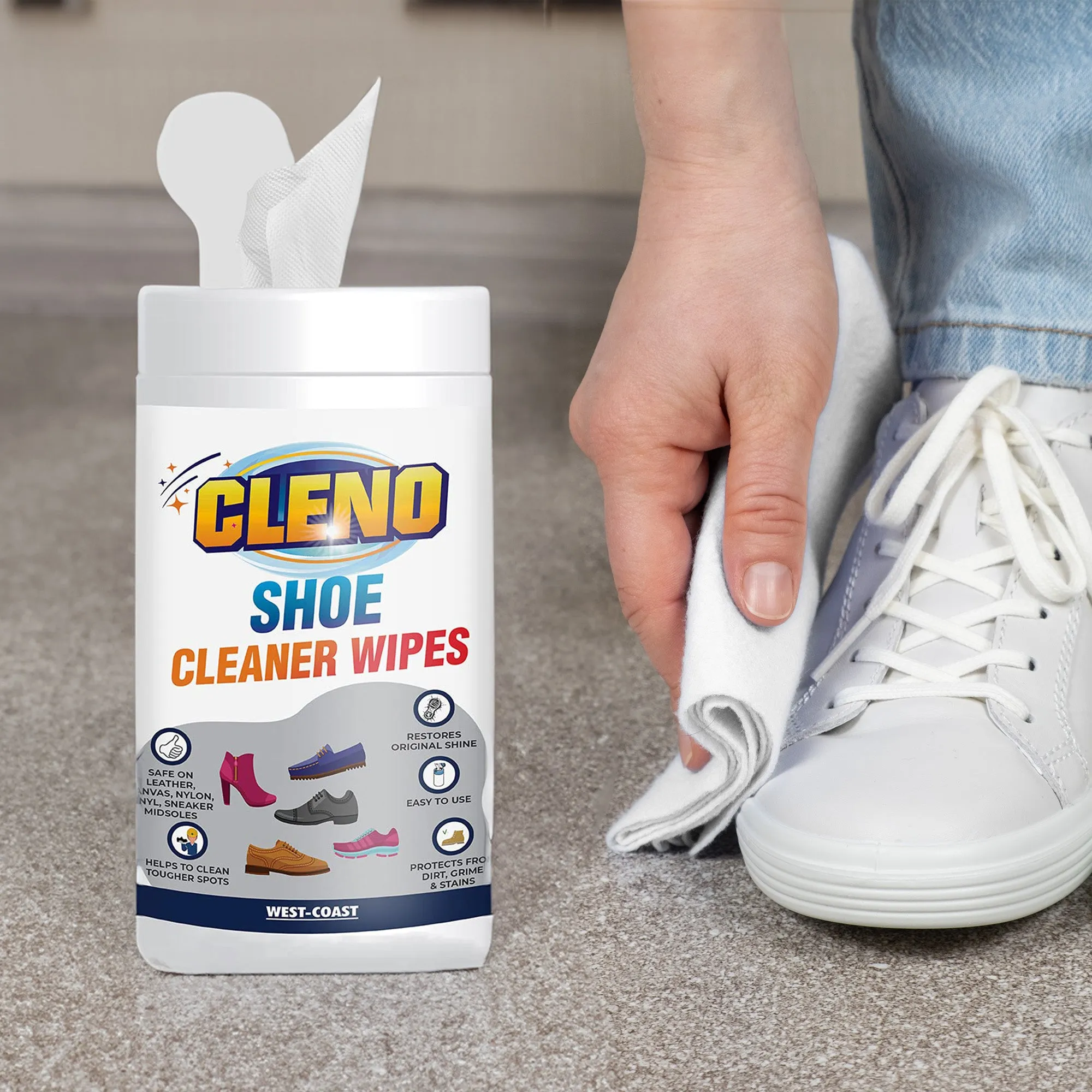 Cleno Shoe Cleaner Wet Wipes For Shoes/Loafers/Sandals/Slippers/Traditional Footwear/Athletic Shoes/Sneakers/White Shoes/Golf-Tennis Shoes/Scrub Off Dirt/Mud/Grass Stains - 50 Wipes (Ready to Use)