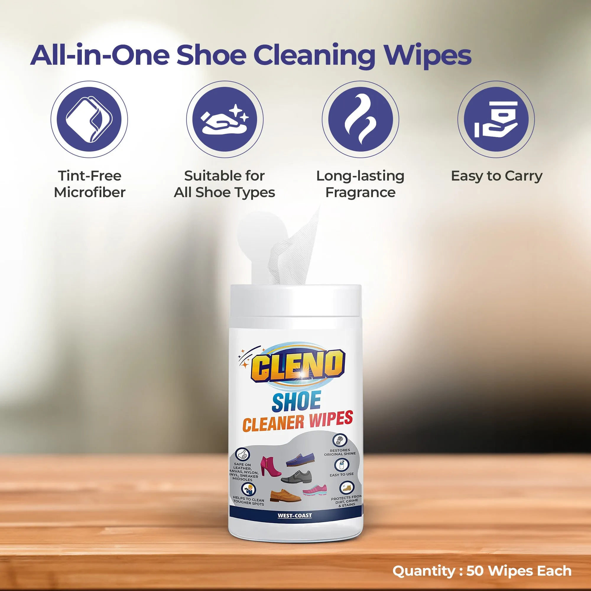 Cleno Shoe Cleaner Wet Wipes For Shoes/Loafers/Sandals/Slippers/Traditional Footwear/Athletic Shoes/Sneakers/White Shoes/Golf-Tennis Shoes/Scrub Off Dirt/Mud/Grass Stains - 50 Wipes (Ready to Use)