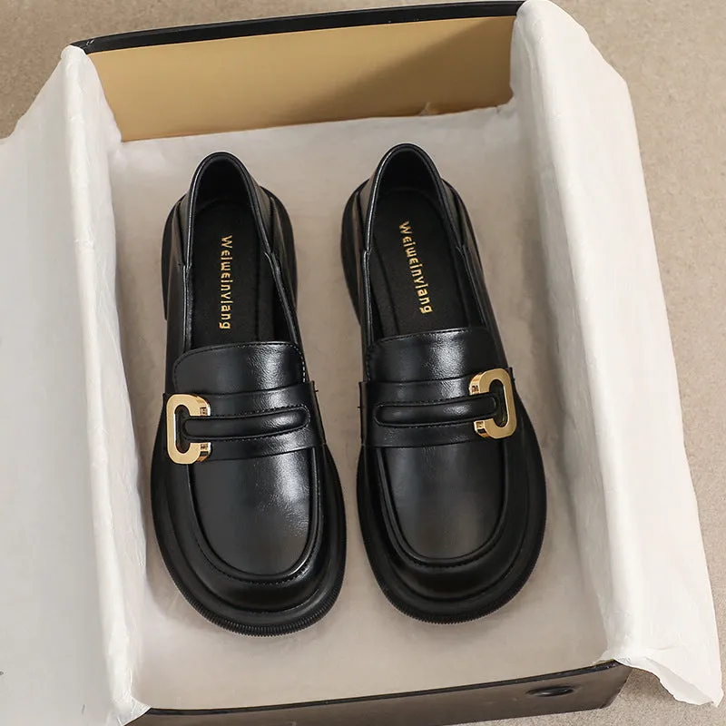 Comelyy Thick-soled Loafers Slip on Black Small Leather Shoes