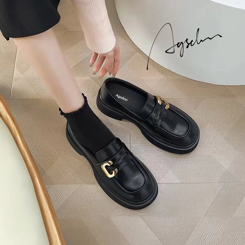 Comelyy Thick-soled Loafers Slip on Black Small Leather Shoes