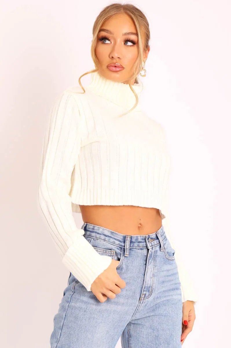 Cream Wide Rib Roll Neck Jumper - Joyanna