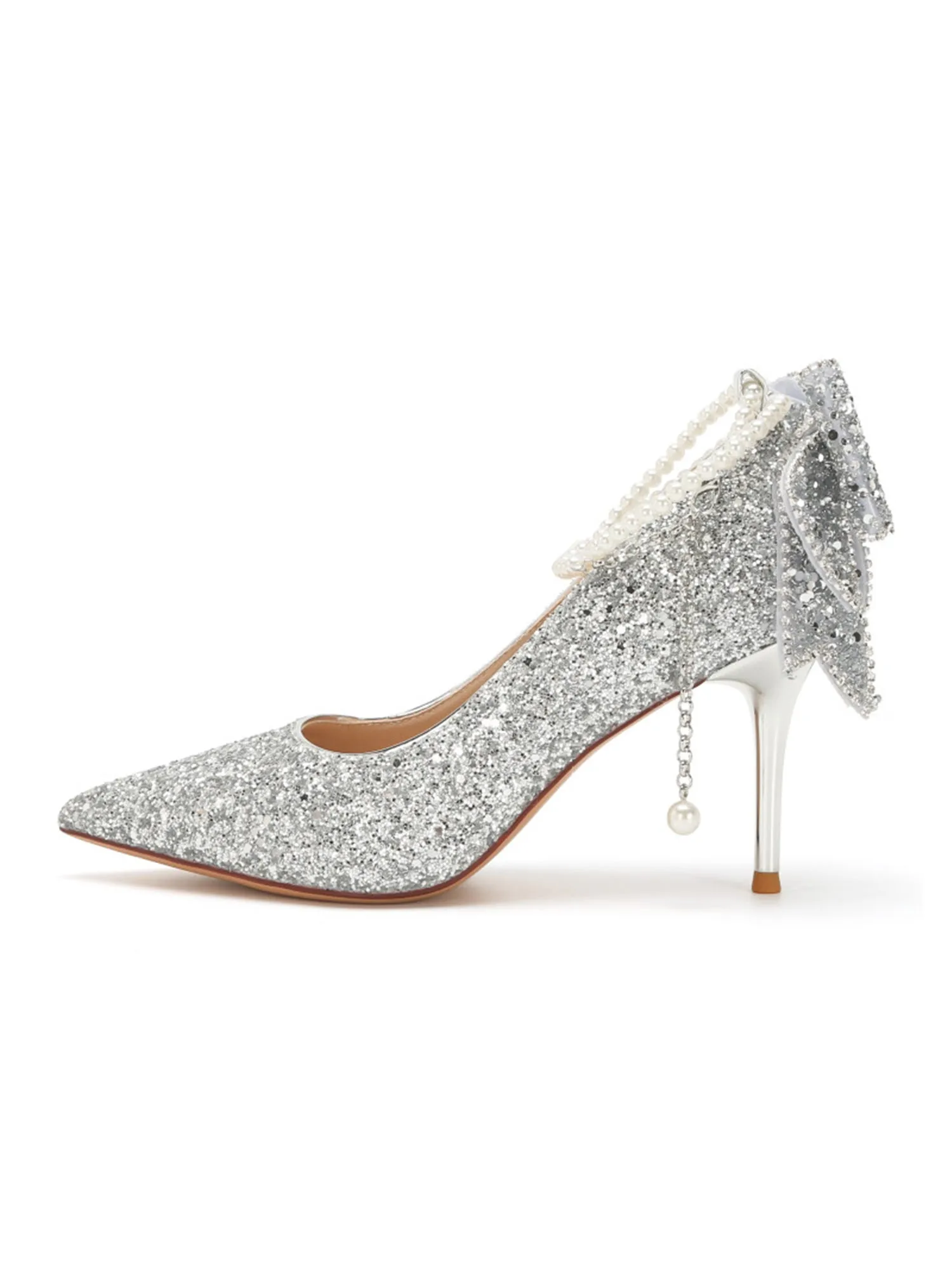 Crystal Sequin Pearl Chain Bowknot Women's High Heels