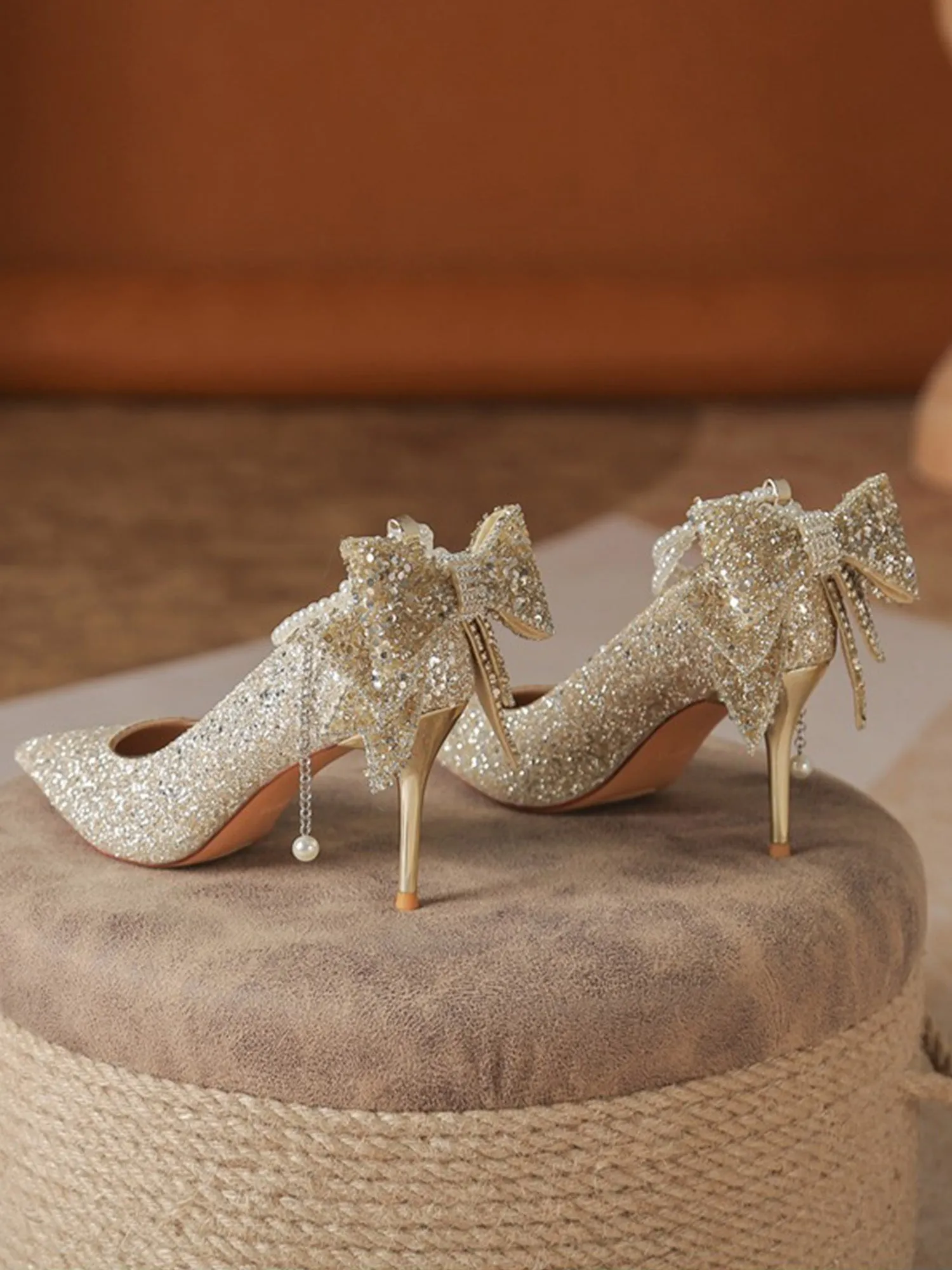 Crystal Sequin Pearl Chain Bowknot Women's High Heels