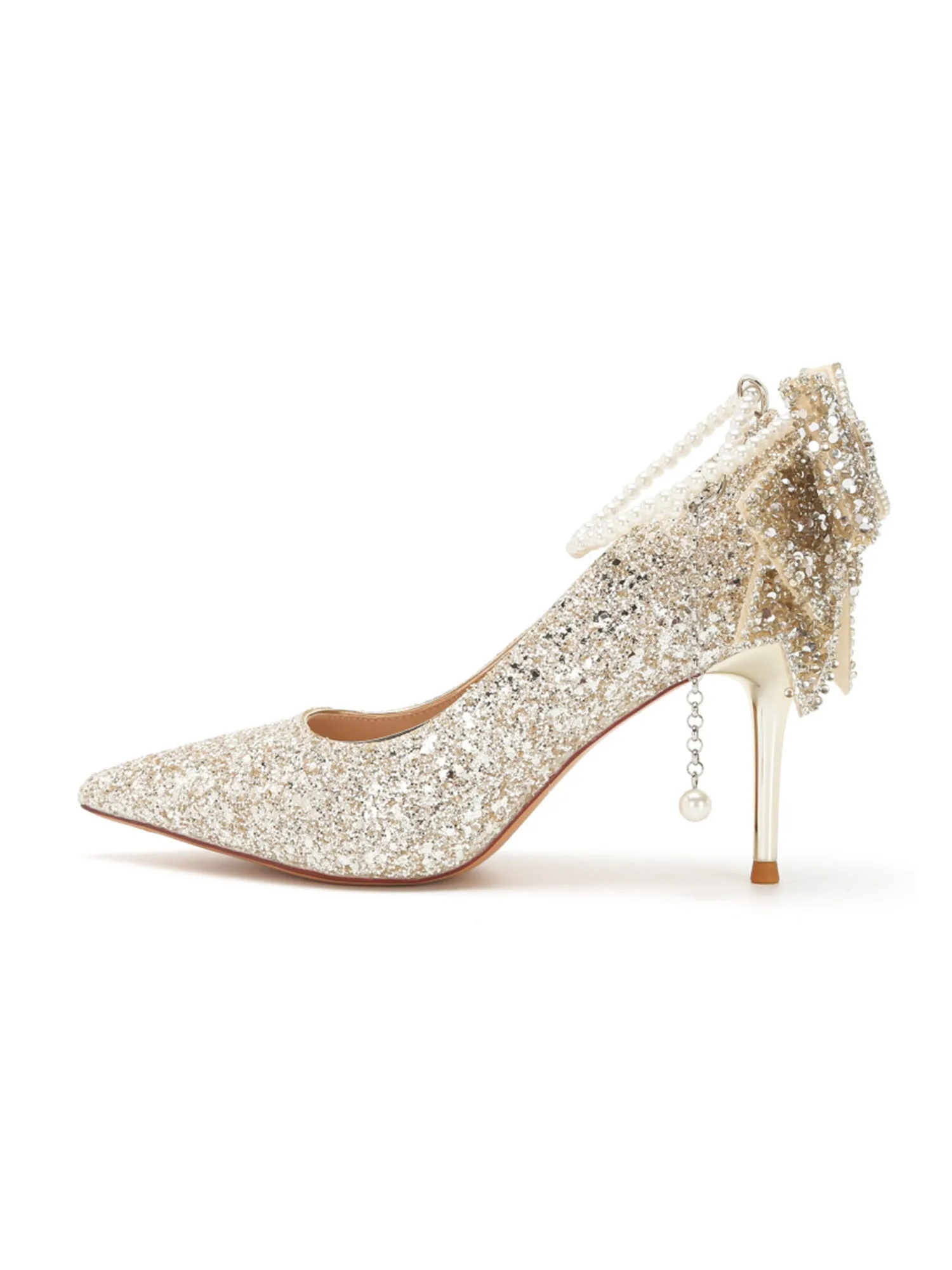 Crystal Sequin Pearl Chain Bowknot Women's High Heels