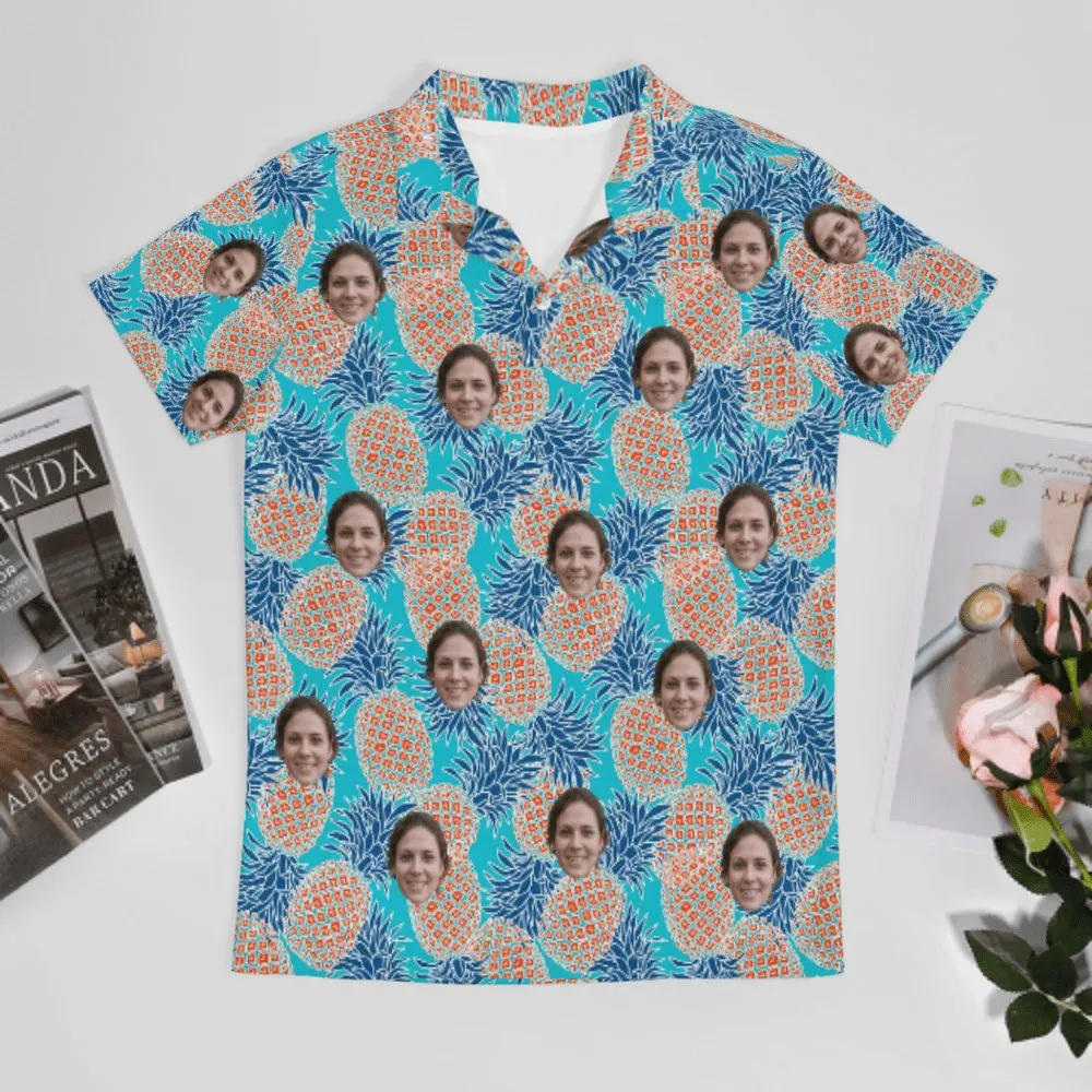 Custom Face Blue Pineapple Polo Shirts for Men's Summer Shirts Personalized Golf Shirt Design Your Own Polo Shirts for Him