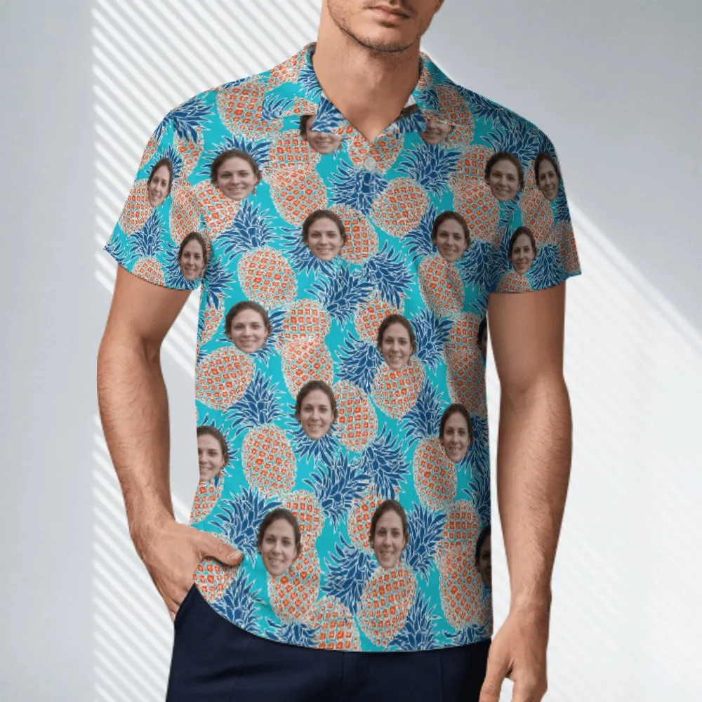 Custom Face Blue Pineapple Polo Shirts for Men's Summer Shirts Personalized Golf Shirt Design Your Own Polo Shirts for Him