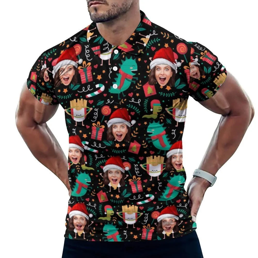 Custom Face Christmas Decoration Santa Hat All Over Print Polo Shirt Personalized Men's Golf Shirt