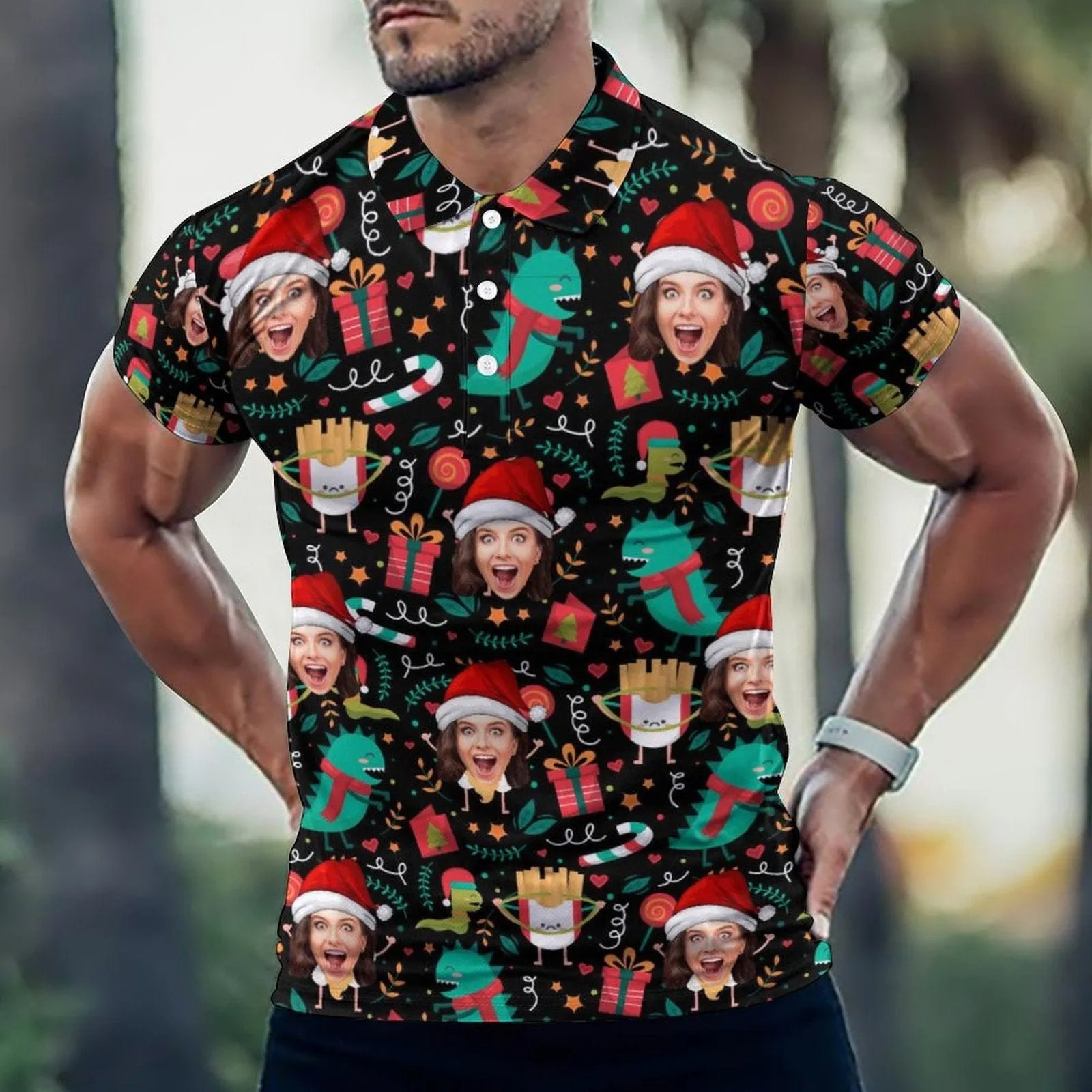 Custom Face Christmas Decoration Santa Hat All Over Print Polo Shirt Personalized Men's Golf Shirt