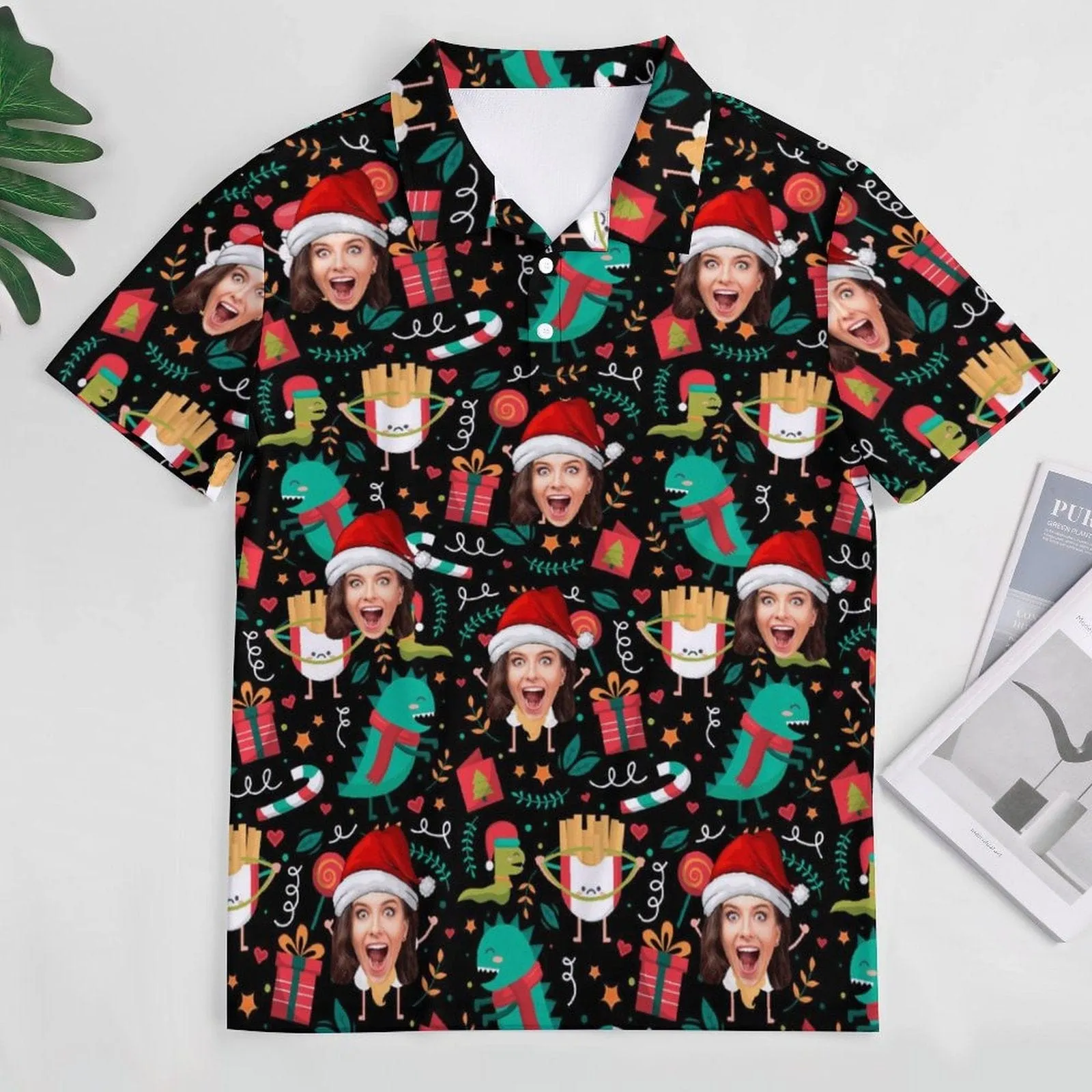 Custom Face Christmas Decoration Santa Hat All Over Print Polo Shirt Personalized Men's Golf Shirt