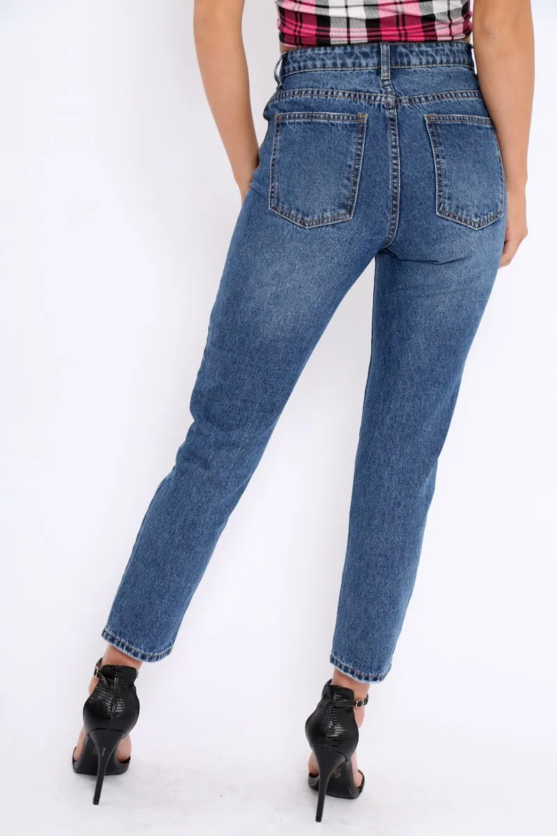 Dark Blue Denim Cut Out Pocket Boyfriend Jeans - Jaime