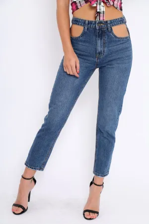 Dark Blue Denim Cut Out Pocket Boyfriend Jeans - Jaime