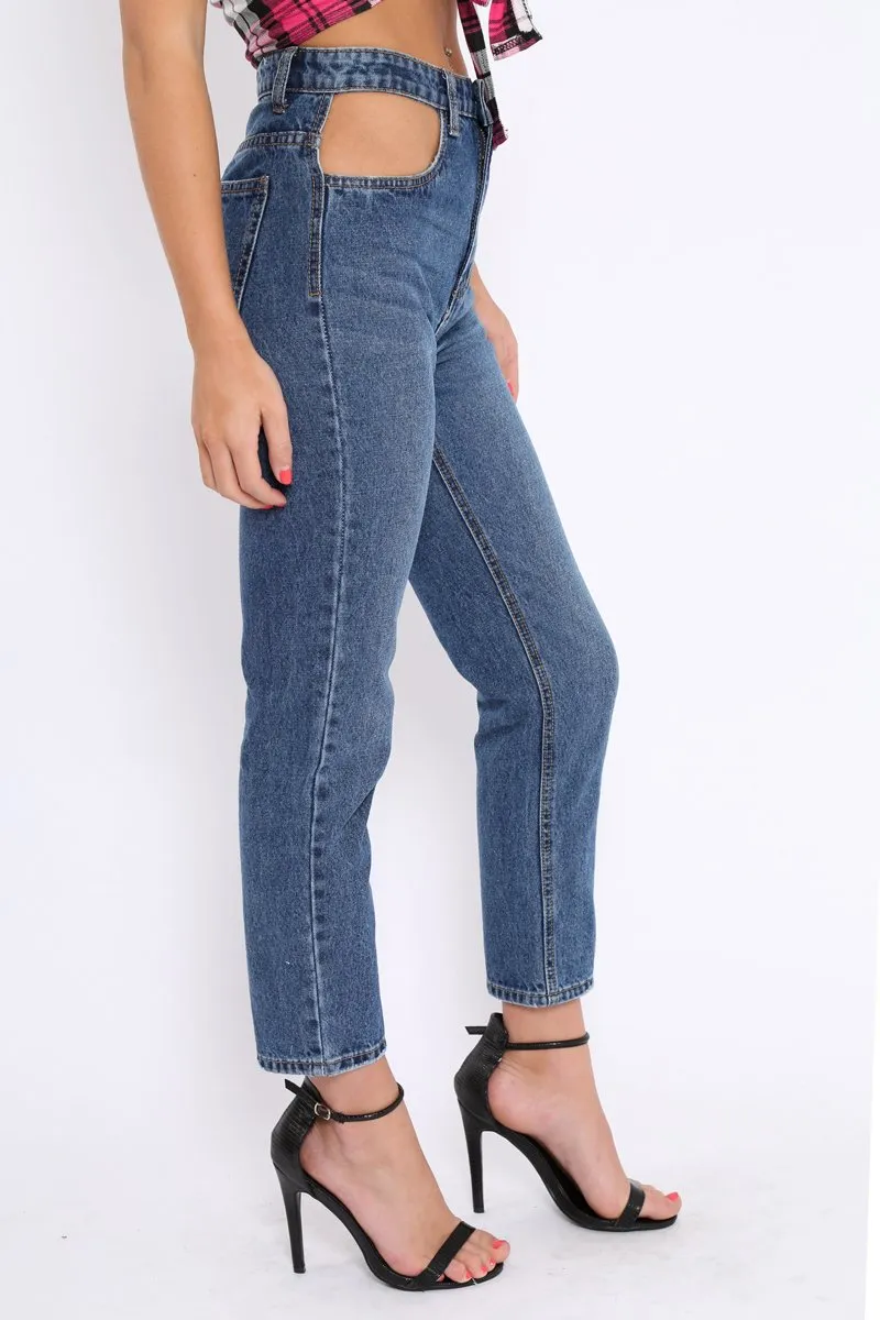 Dark Blue Denim Cut Out Pocket Boyfriend Jeans - Jaime