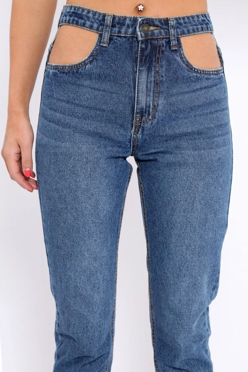 Dark Blue Denim Cut Out Pocket Boyfriend Jeans - Jaime