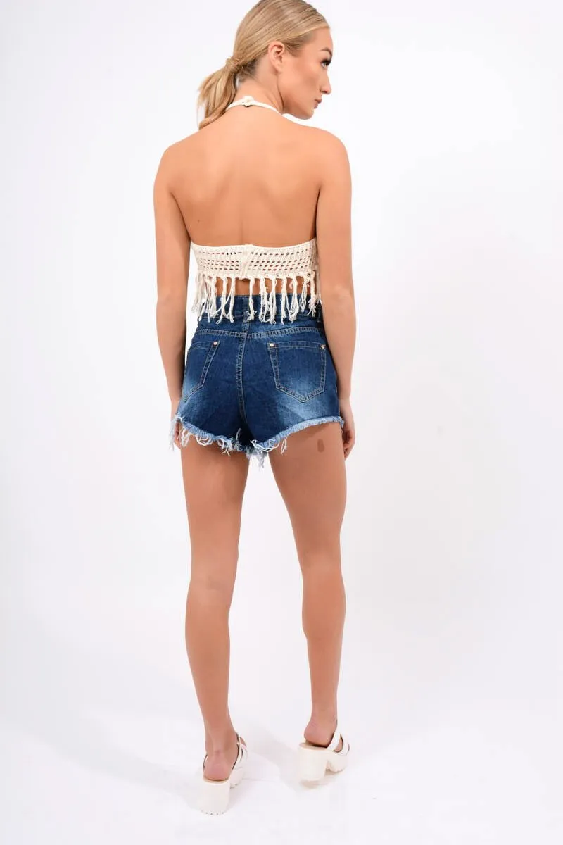 Dark Denim High Waisted Distressed Shorts - Latifa