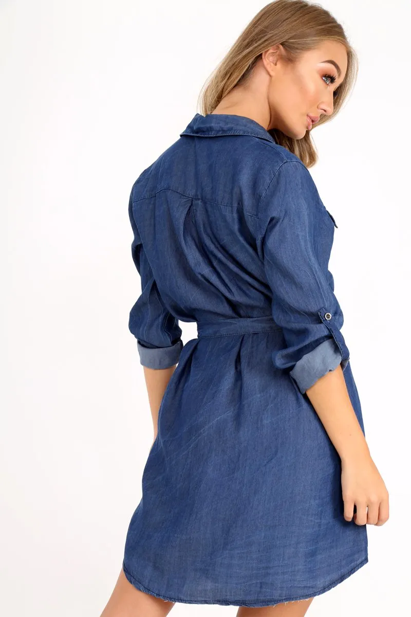 Denim Button Down Tie Waist Shirt Dress - Delores