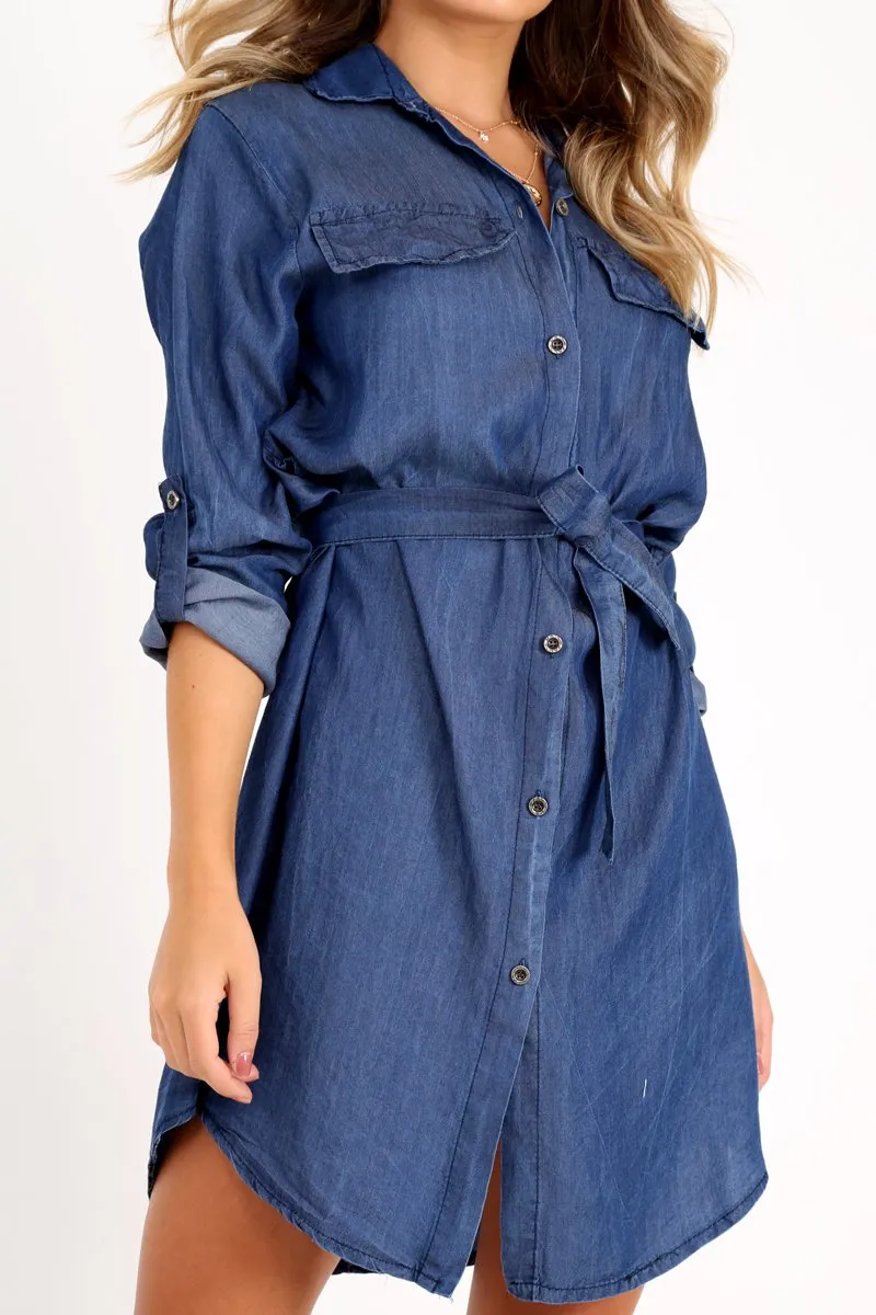 Denim Button Down Tie Waist Shirt Dress - Delores