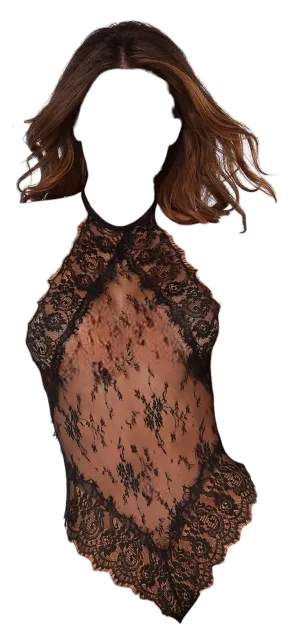 Dreamgirl Eyelash Lace Halter Teddy With High Tie-Neck Closure & Snap Crotch Black