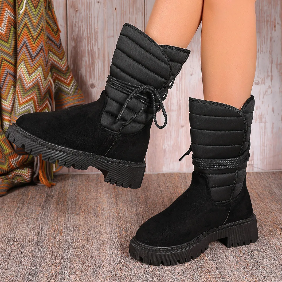 Fashion Mid-calf Snow Boots With Lace-up Design Winter Warm Thickened Low-heeled Boot Women's Casual Shoes Outdoor