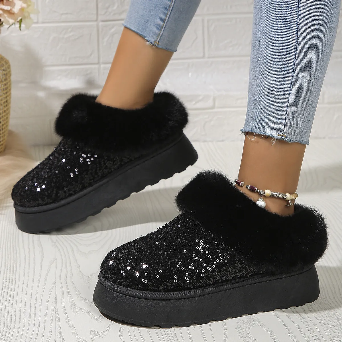 Fashion Sequined Thick-soled Plush Shoes Winter Indoor And Outdoor Casual Warm Slippers Women Garden House Shoes