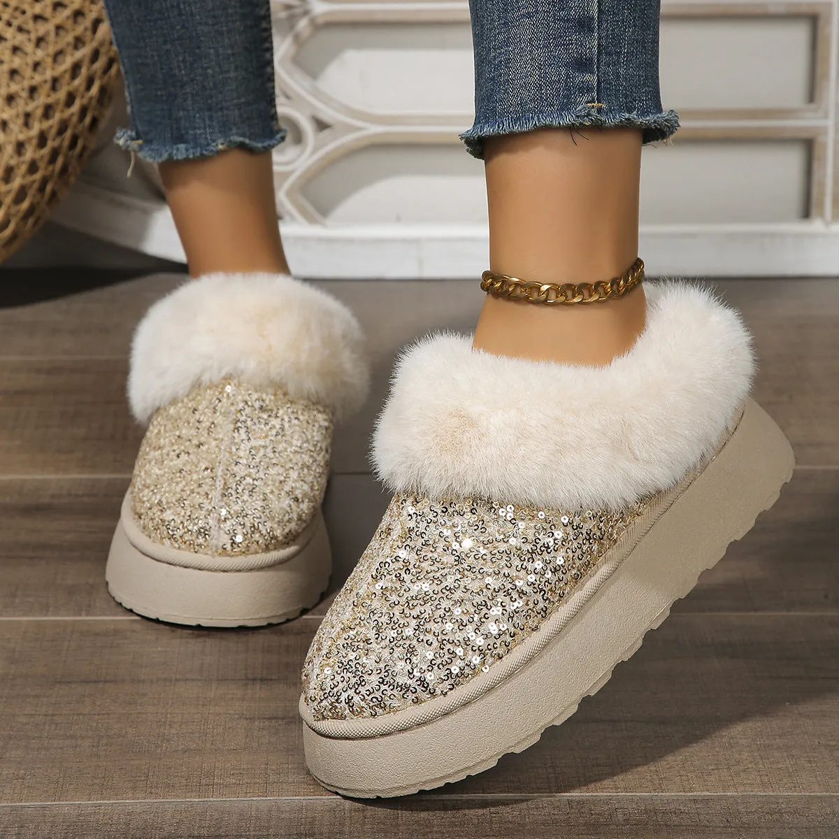 Fashion Sequined Thick-soled Plush Shoes Winter Indoor And Outdoor Casual Warm Slippers Women Garden House Shoes