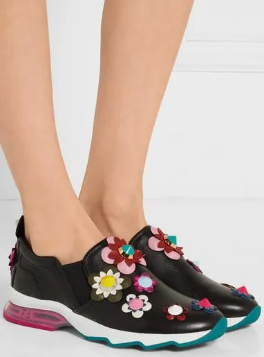 Flower-Embroidered Sneakers in Black or White