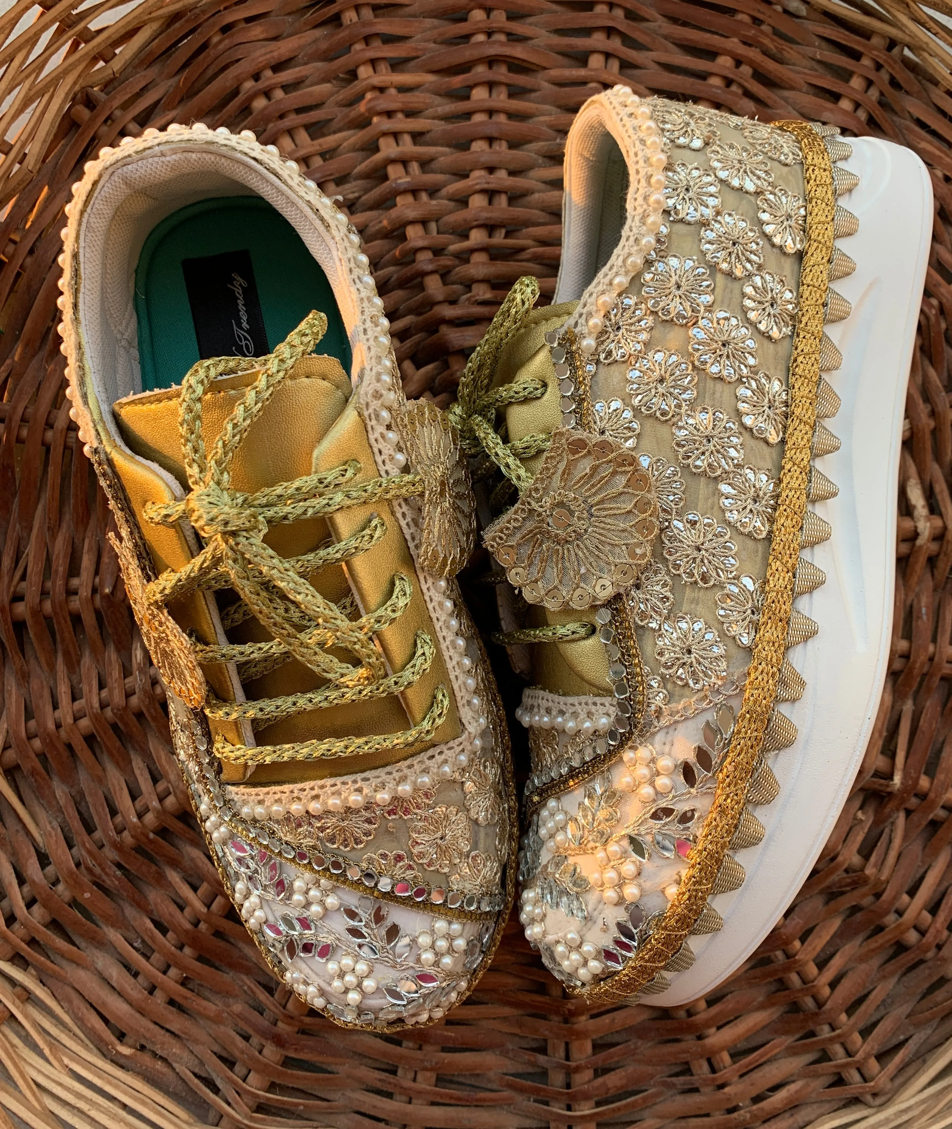 FUNKY N TRENDY gold mirror gottapatti sneakers for brides /bridesmaids / sneakers for bridesmaids/ handcrafted sneakers/ mirror sneakers / bridal sneakers / bridesmaid sneakers/ gold sneakers / golden shoes/ golden sneakers