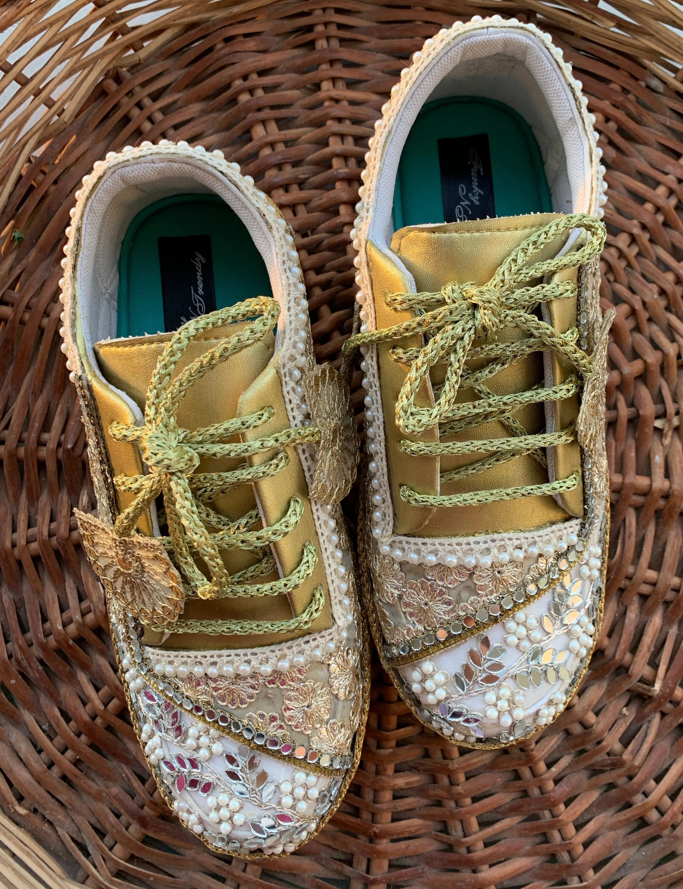 FUNKY N TRENDY gold mirror gottapatti sneakers for brides /bridesmaids / sneakers for bridesmaids/ handcrafted sneakers/ mirror sneakers / bridal sneakers / bridesmaid sneakers/ gold sneakers / golden shoes/ golden sneakers