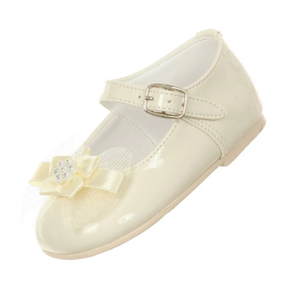 Girls Ivory Patent Bow Glittery Stud Dress Shoes 0-5 Baby