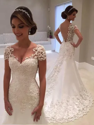 Gorgeous Long Mermaid V-Neck Lace Backless Wedding Dresses