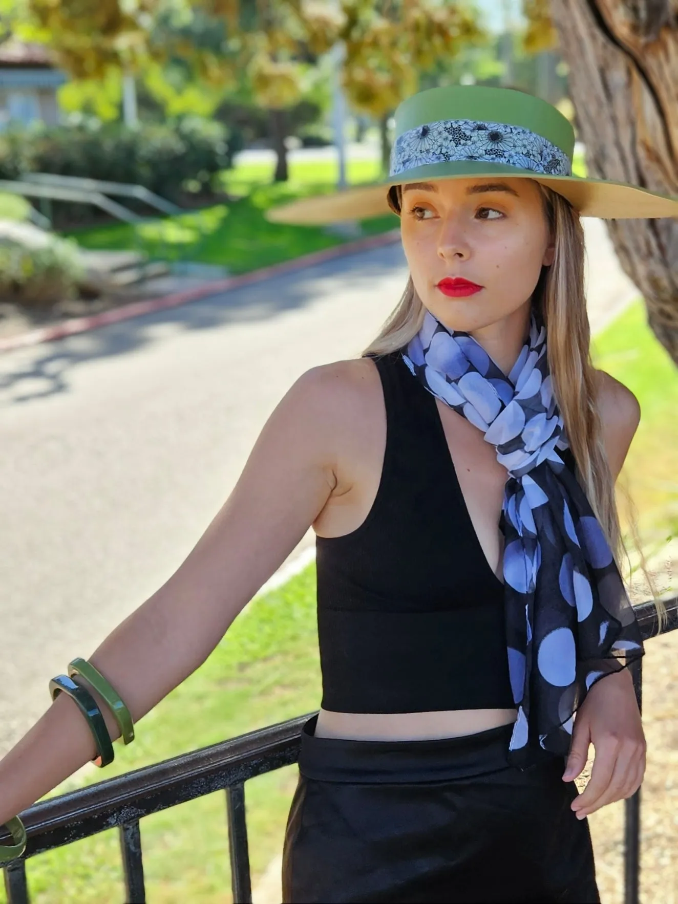 Green Lotus Visor Hat with Black and White Floral Band