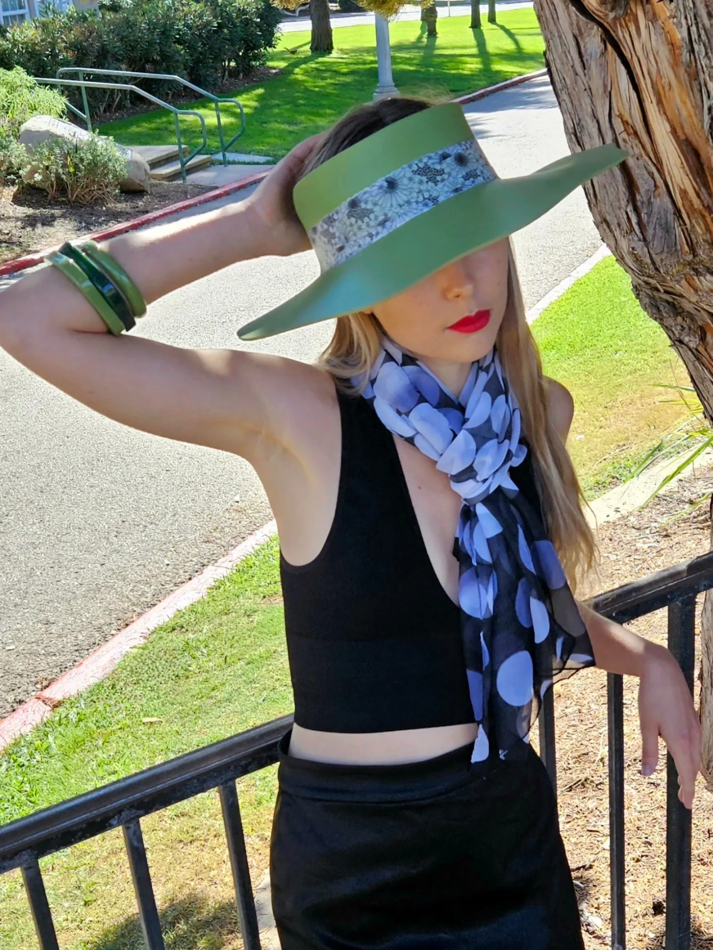 Green Lotus Visor Hat with Black and White Floral Band