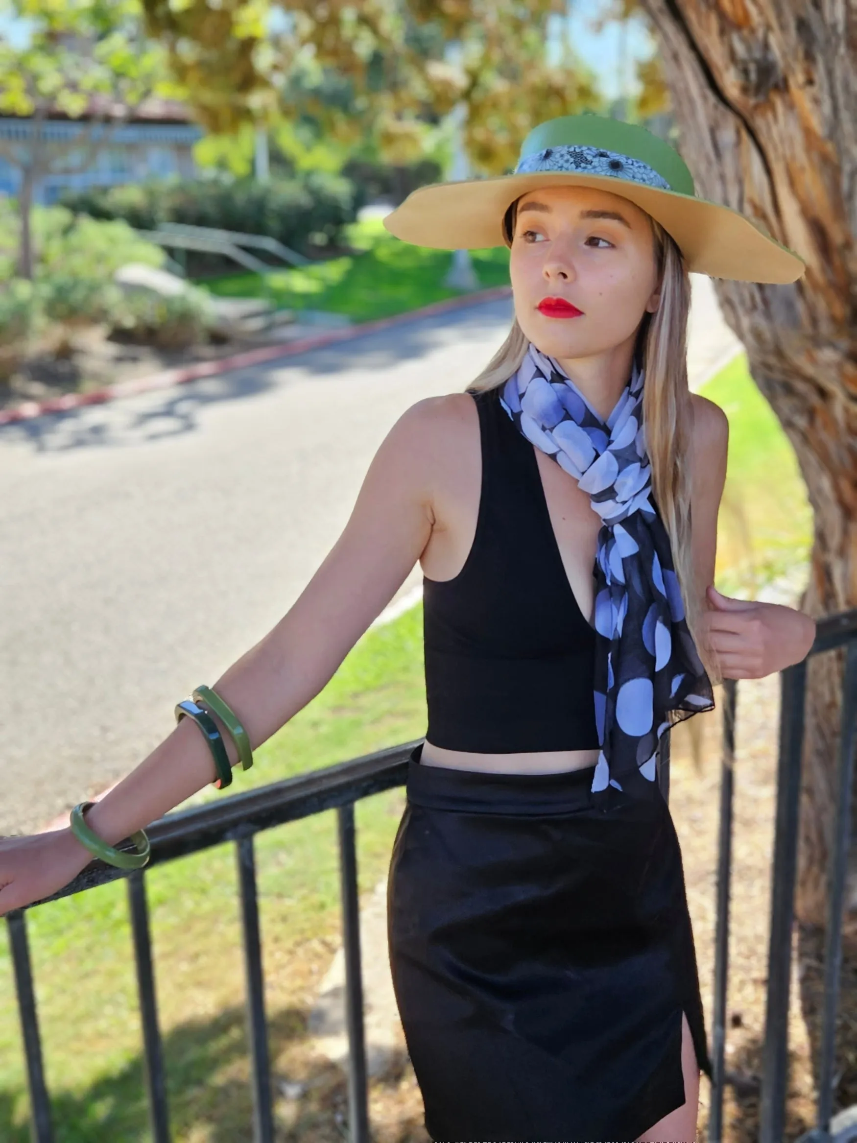 Green Lotus Visor Hat with Black and White Floral Band