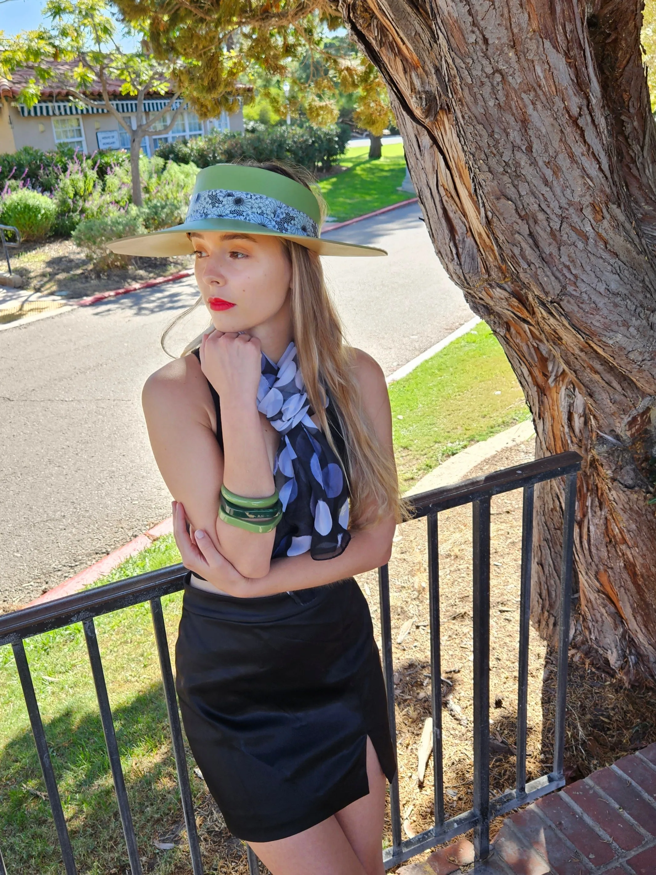 Green Lotus Visor Hat with Black and White Floral Band