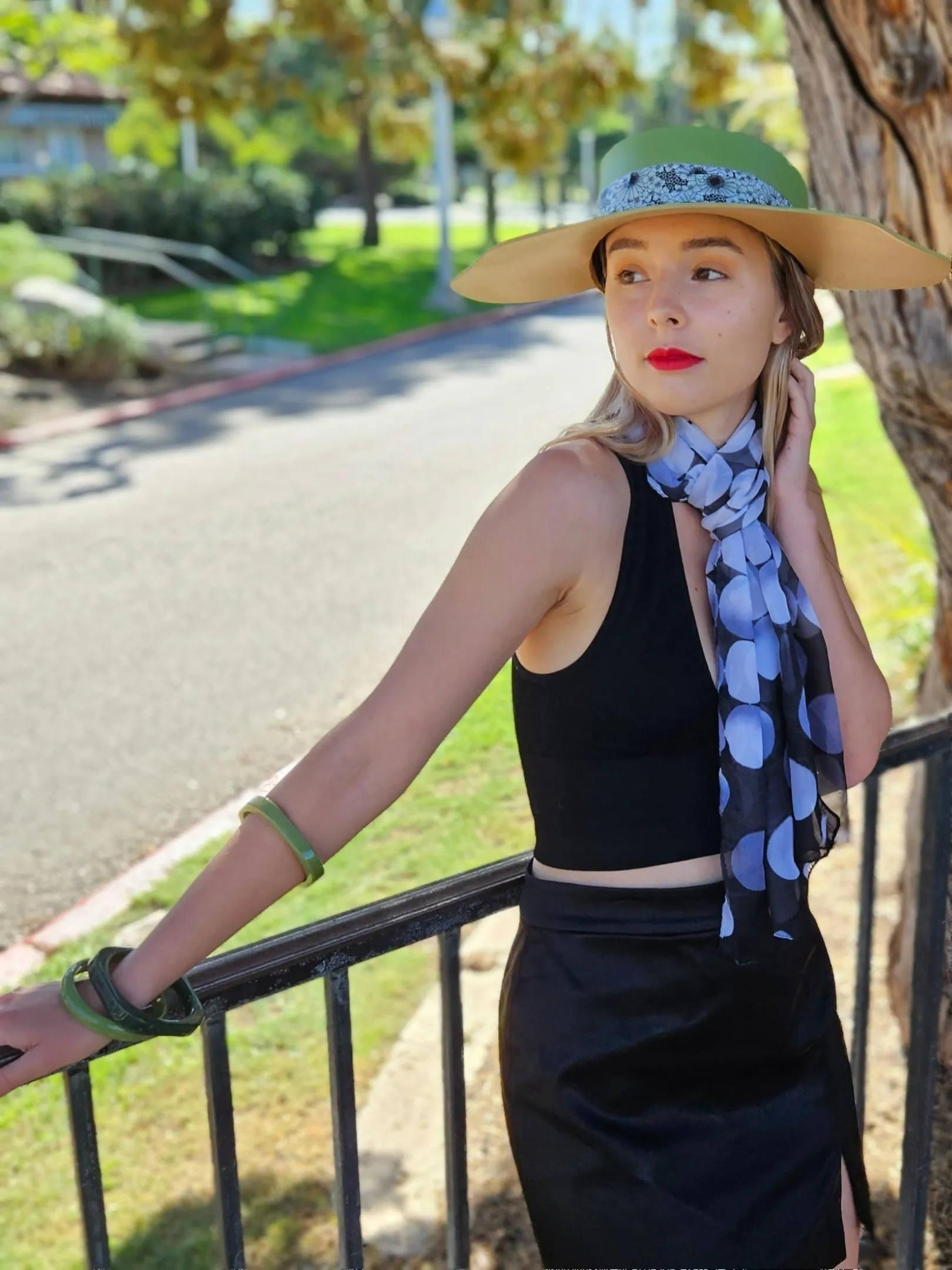 Green Lotus Visor Hat with Black and White Floral Band