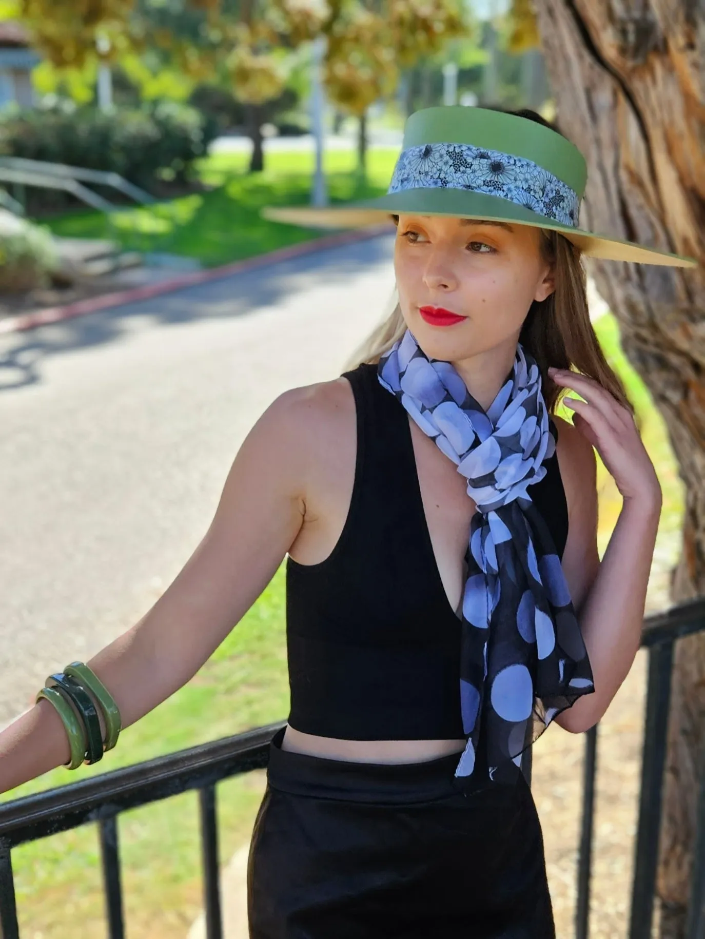 Green Lotus Visor Hat with Black and White Floral Band