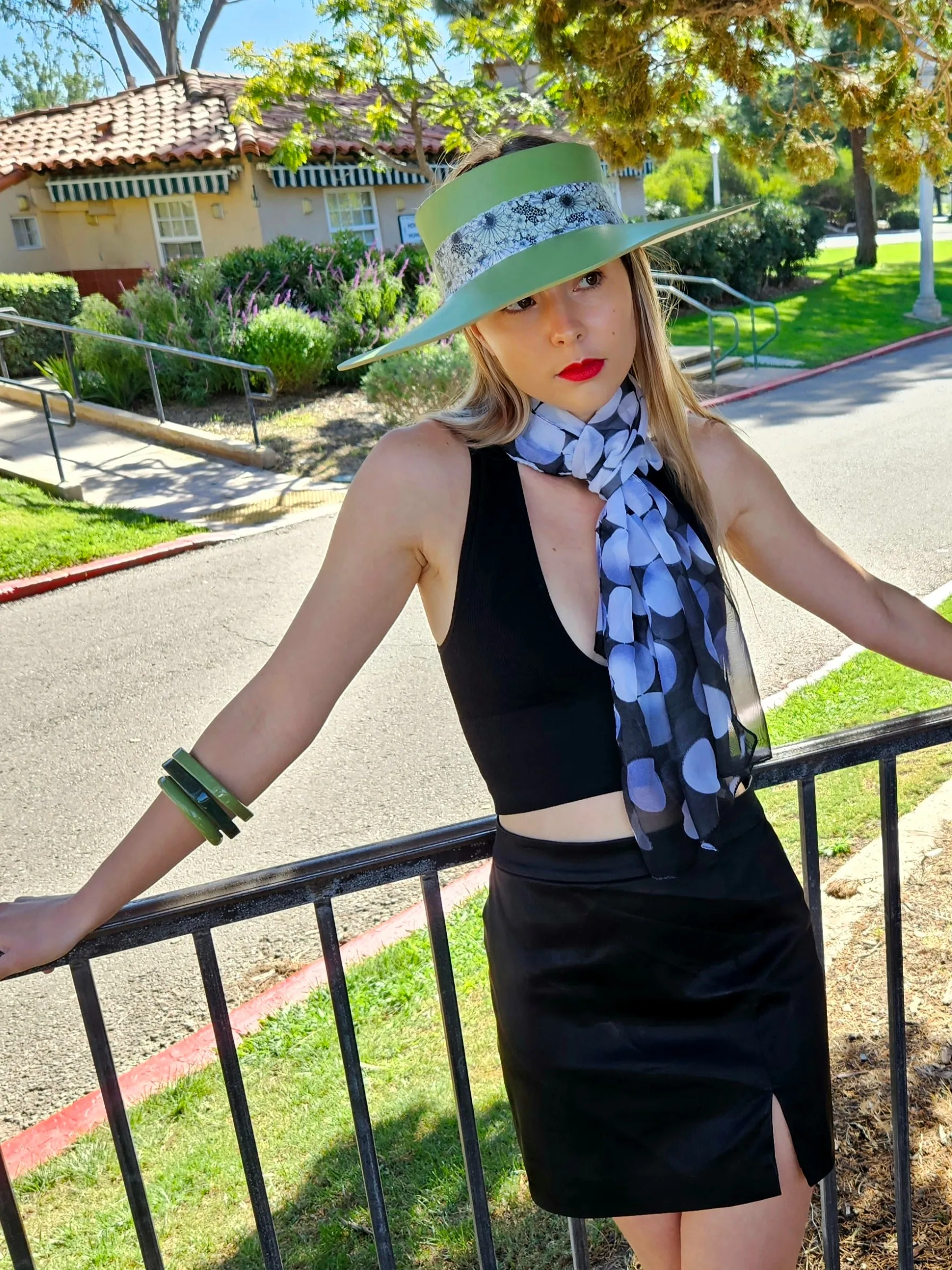 Green Lotus Visor Hat with Black and White Floral Band