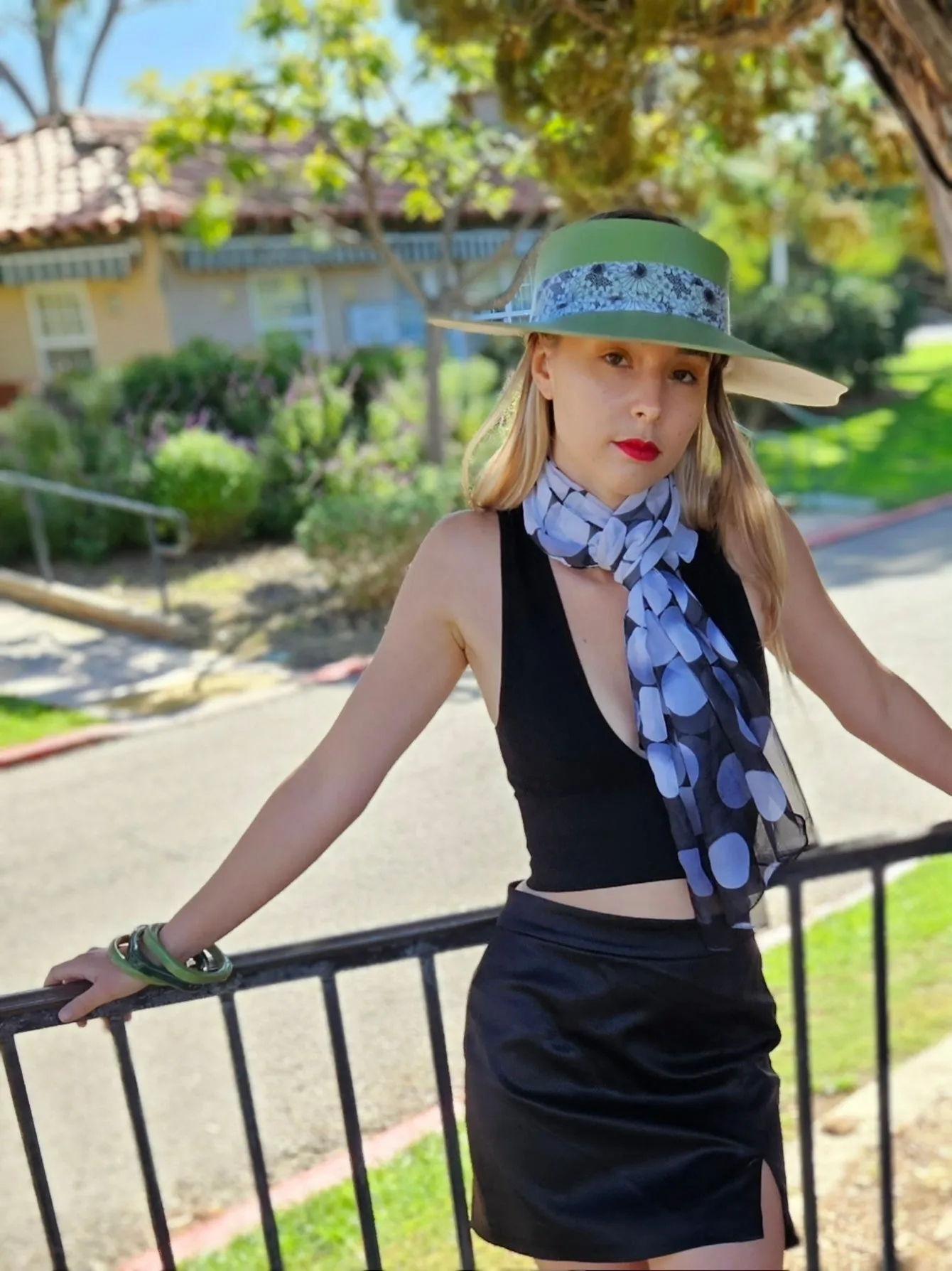 Green Lotus Visor Hat with Black and White Floral Band