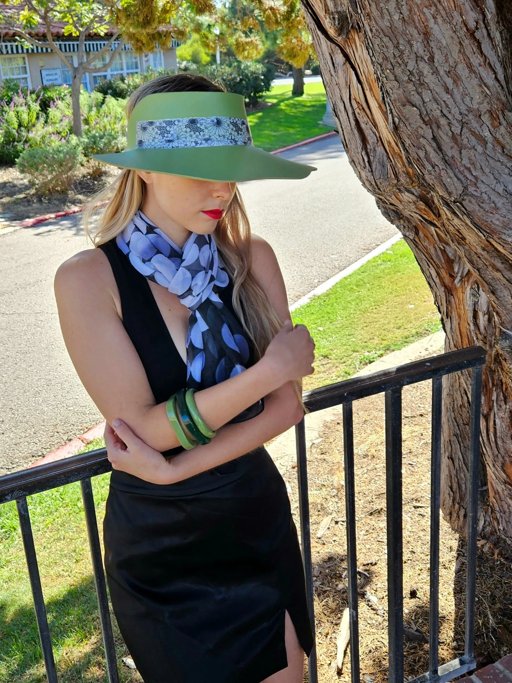 Green Lotus Visor Hat with Black and White Floral Band