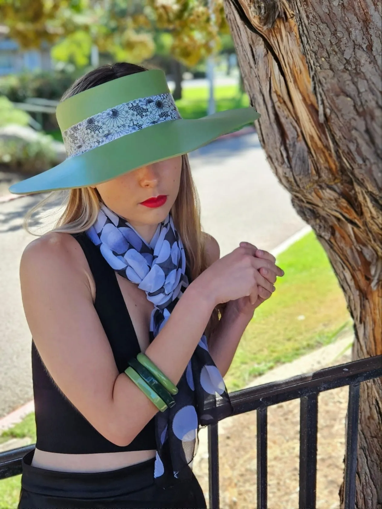 Green Lotus Visor Hat with Black and White Floral Band