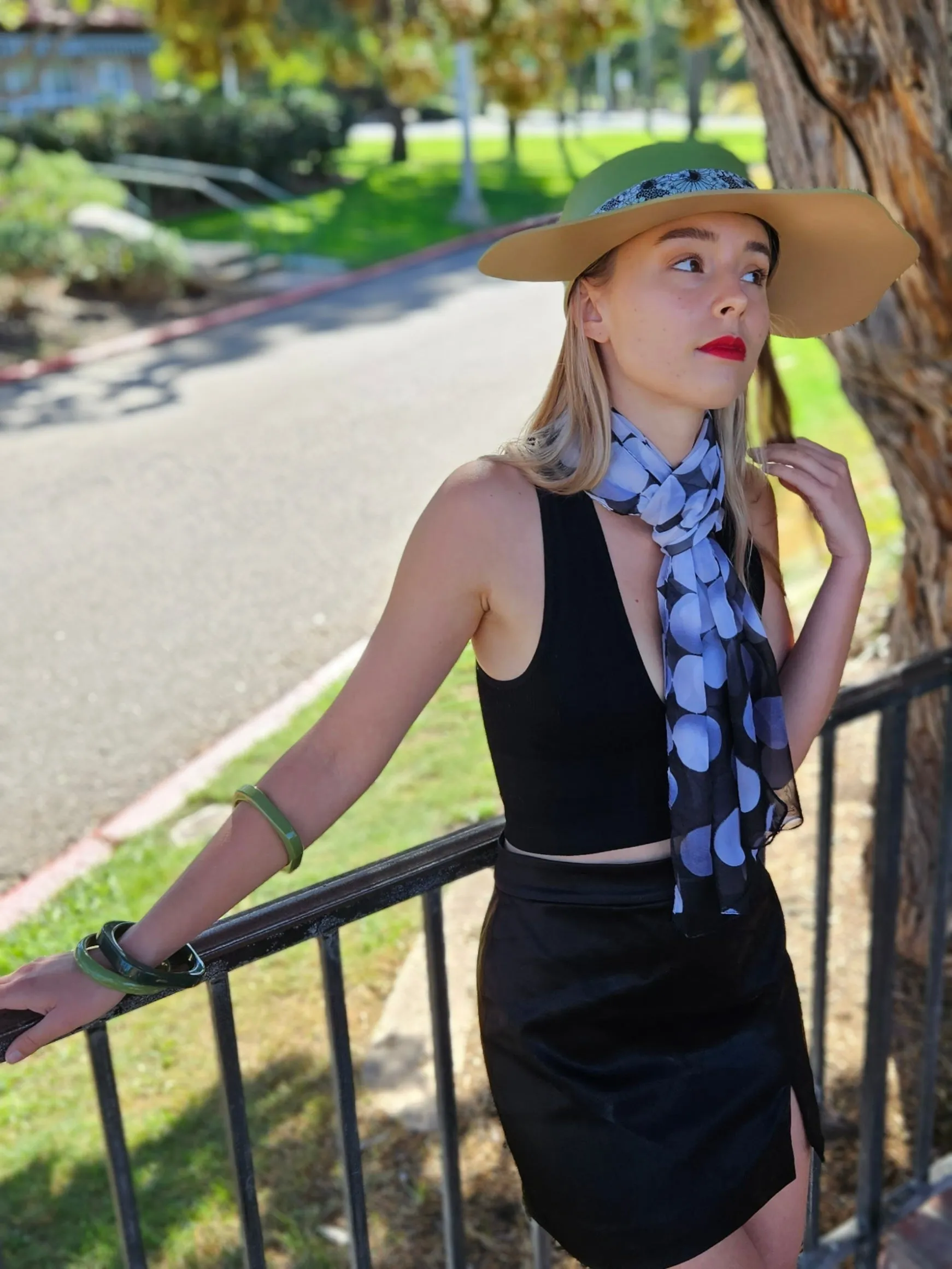 Green Lotus Visor Hat with Black and White Floral Band