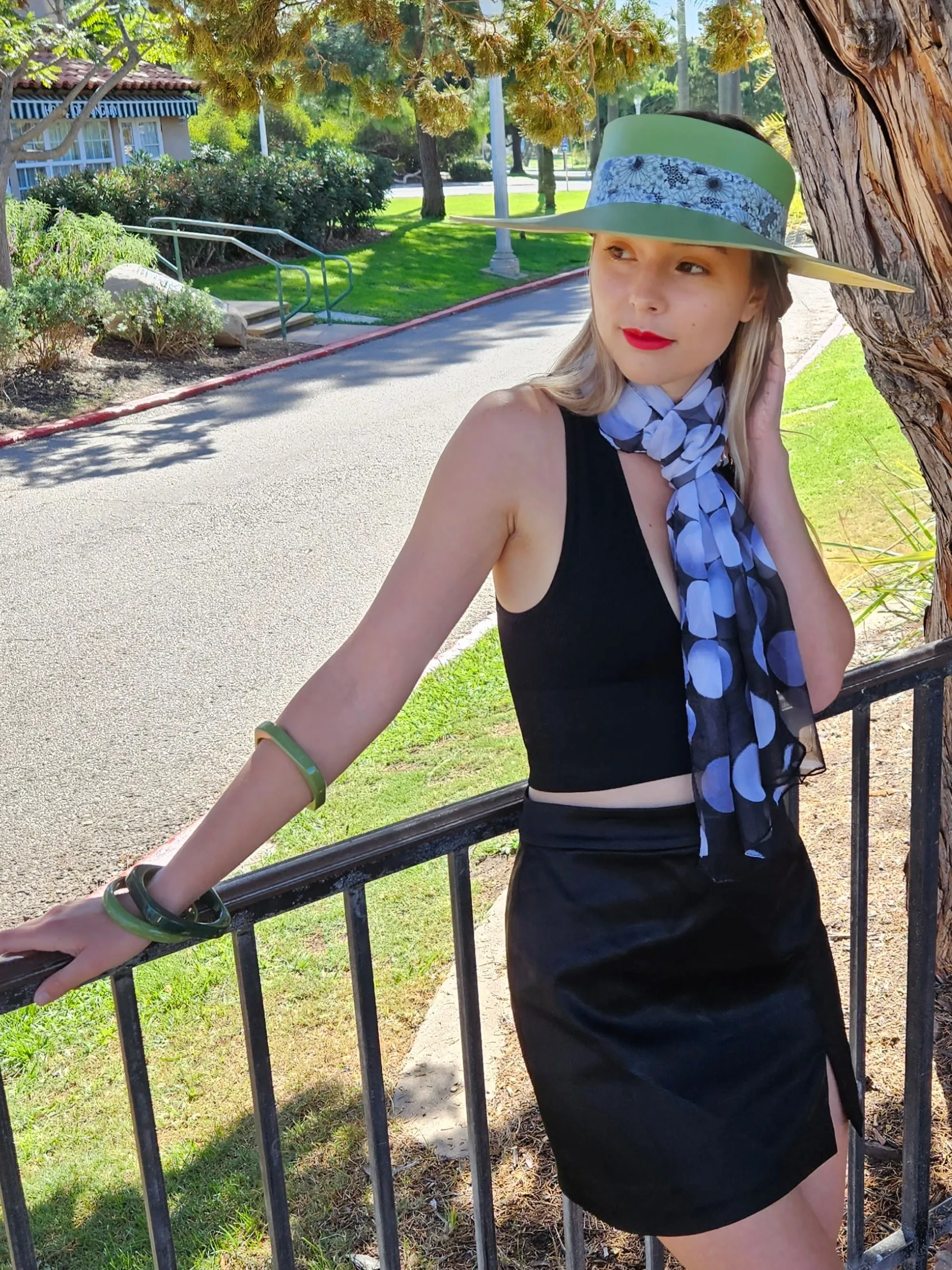 Green Lotus Visor Hat with Black and White Floral Band