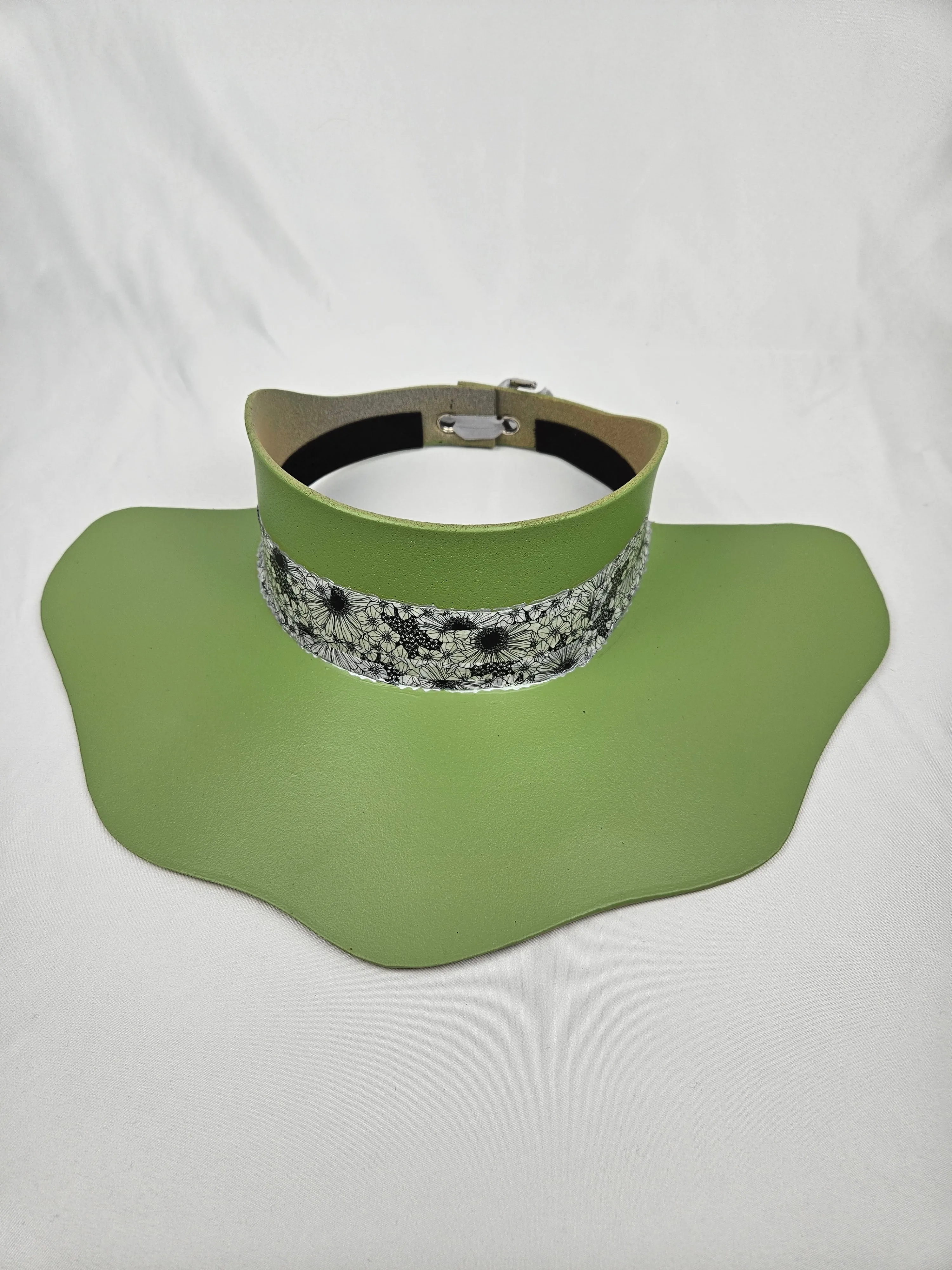 Green Lotus Visor Hat with Black and White Floral Band