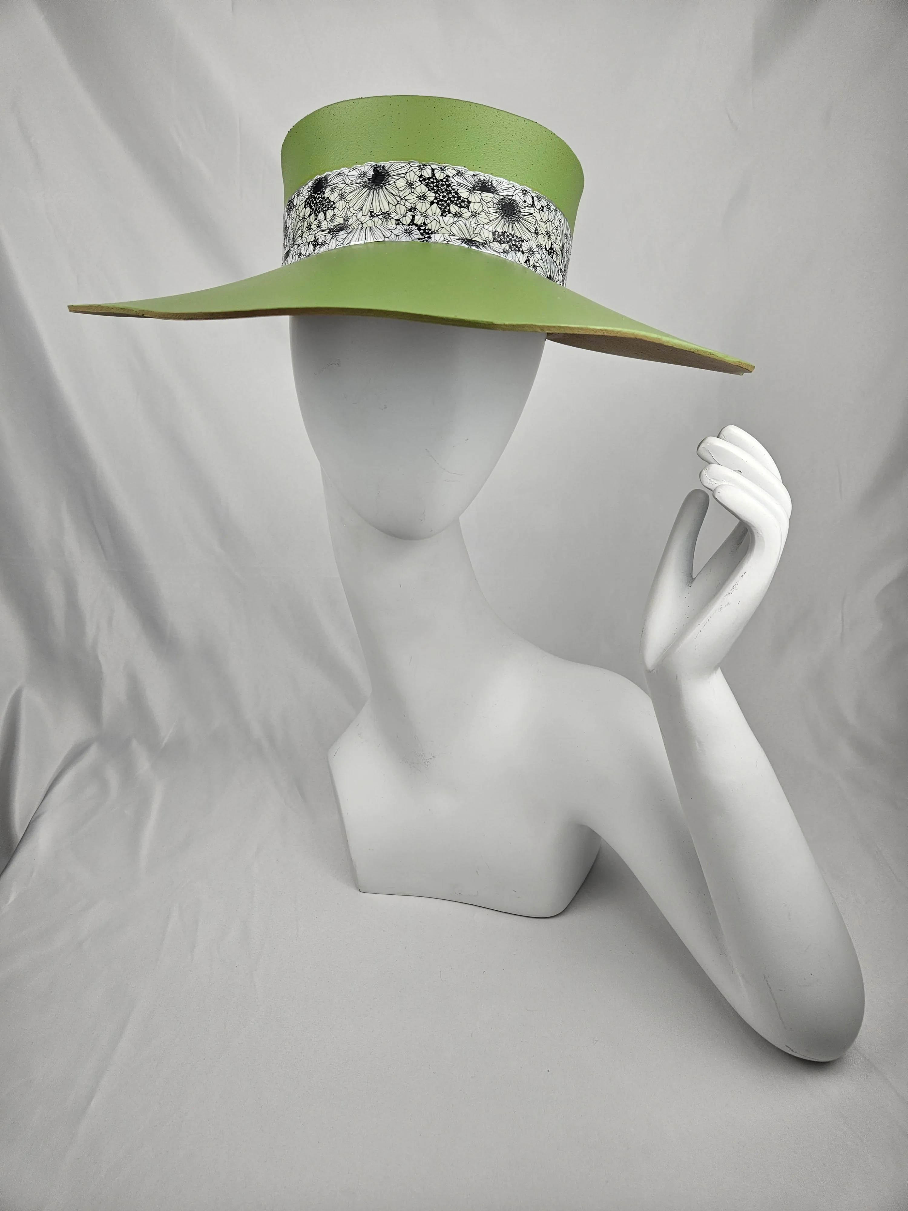 Green Lotus Visor Hat with Black and White Floral Band