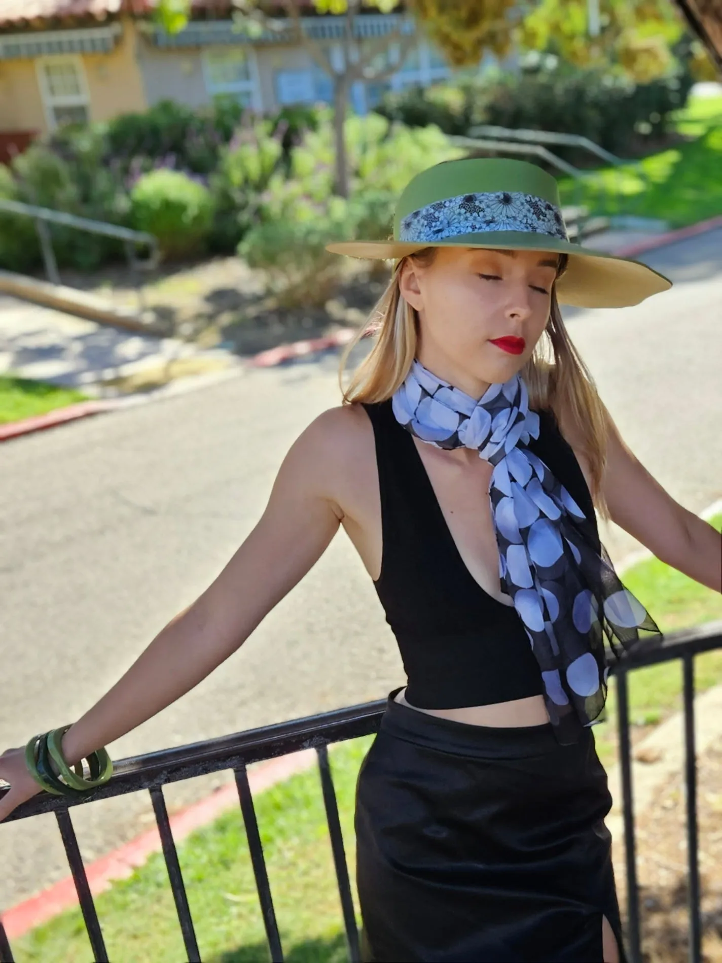 Green Lotus Visor Hat with Black and White Floral Band