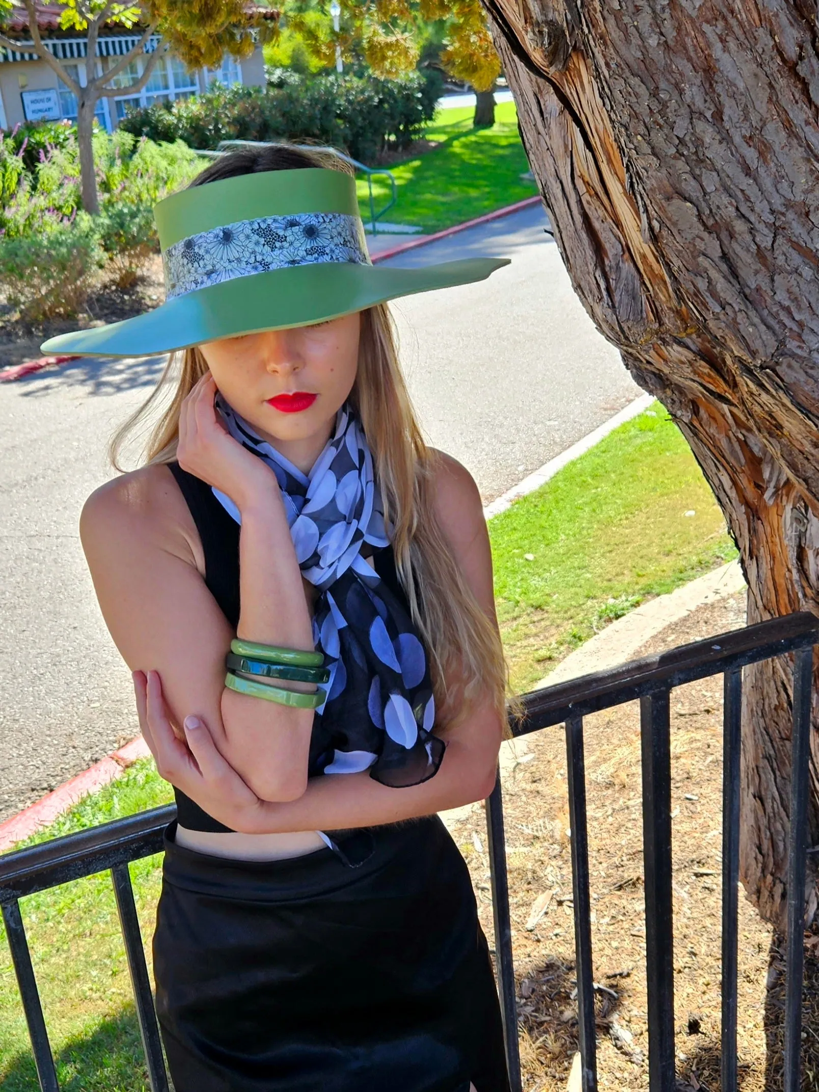 Green Lotus Visor Hat with Black and White Floral Band