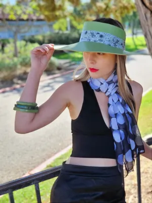 Green Lotus Visor Hat with Black and White Floral Band