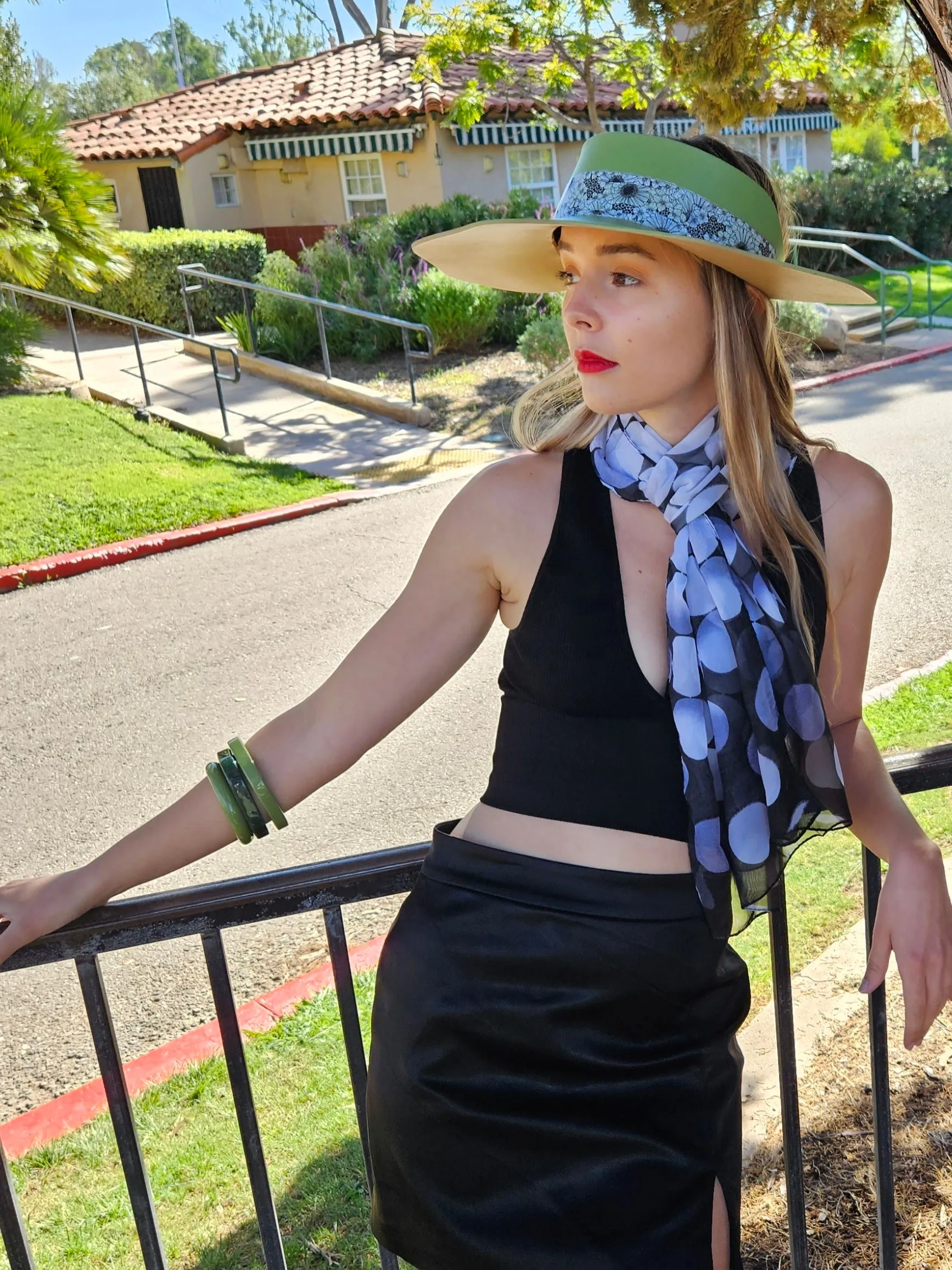 Green Lotus Visor Hat with Black and White Floral Band