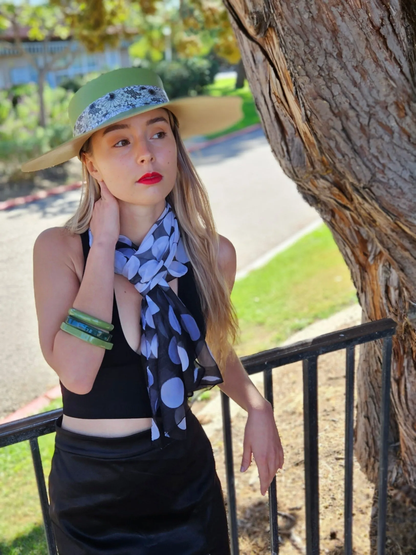 Green Lotus Visor Hat with Black and White Floral Band