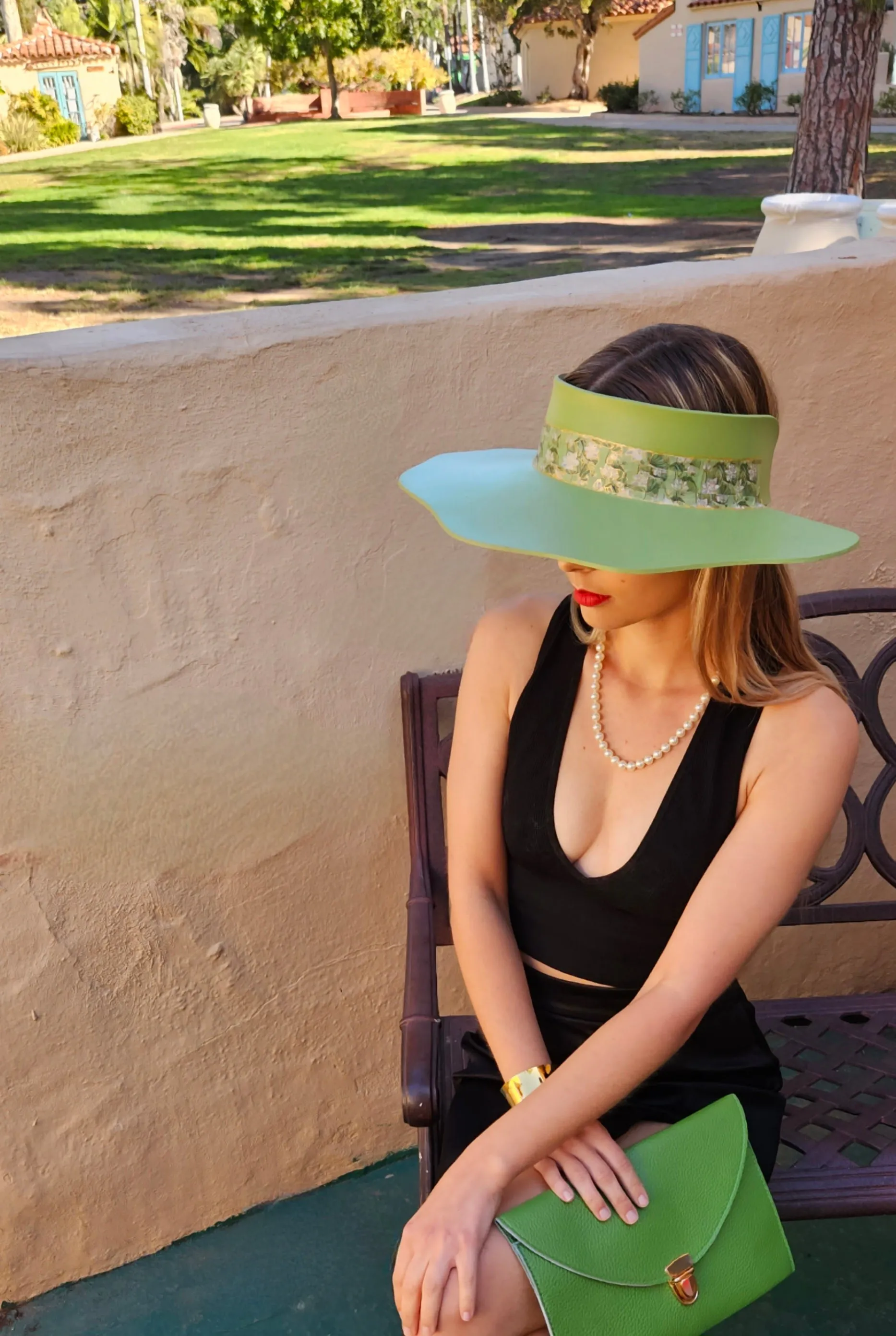 Green Lotus Visor Hat with Green Floral Band