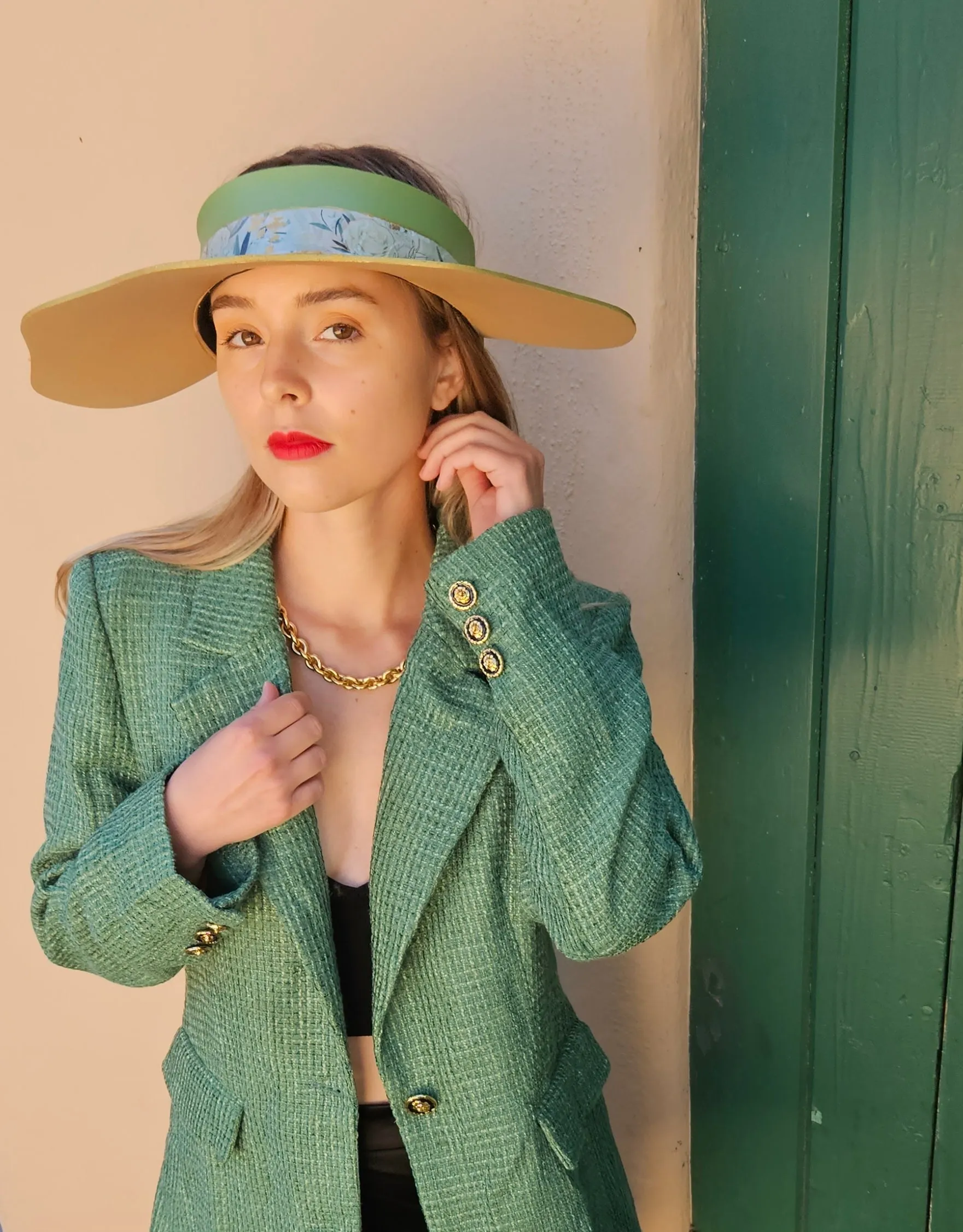 Green Lotus Visor Hat with White and Green Floral Band